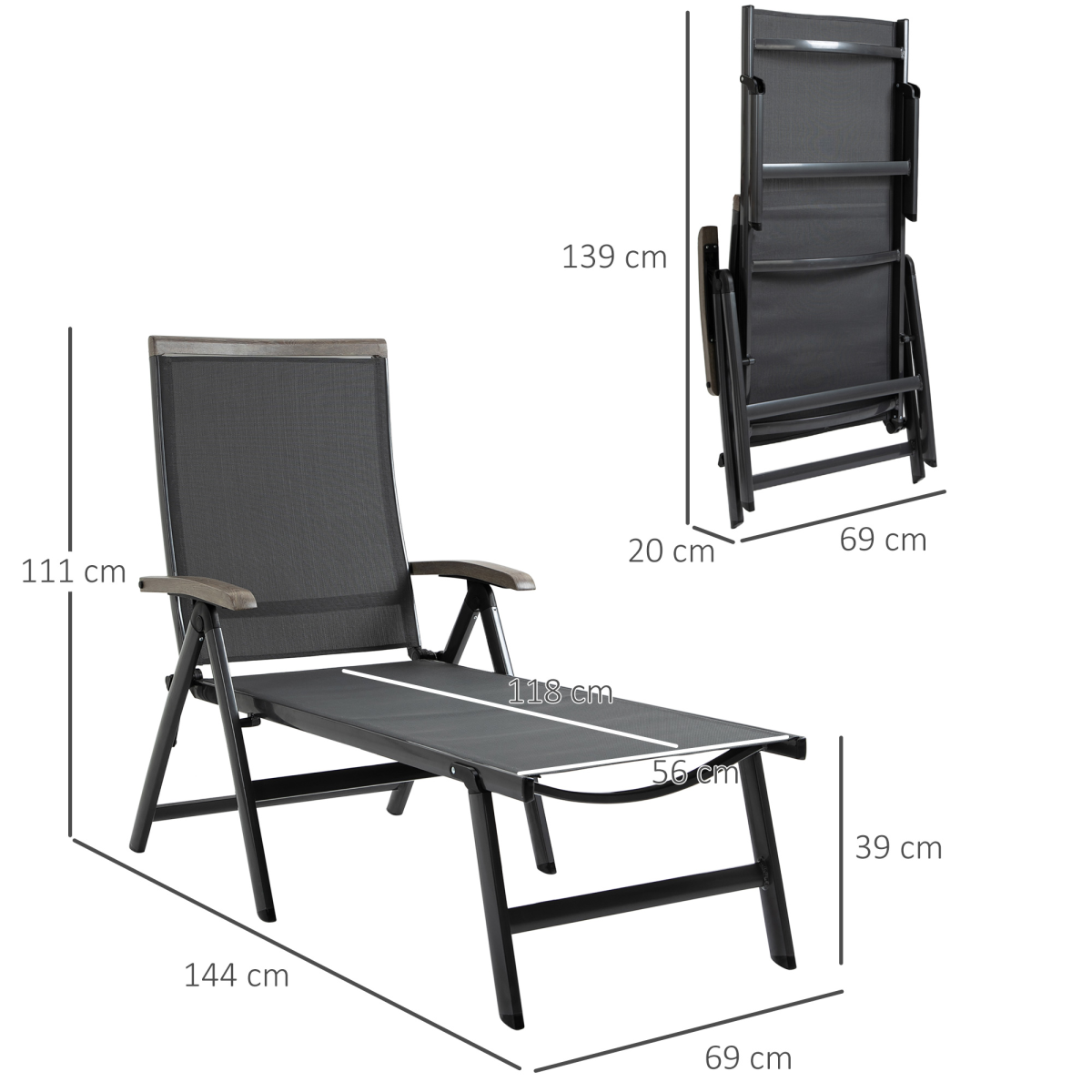 Outsunny Folding Adjustable Sun Lounger Chaise Lounge Chair, Mesh Fabric, Powder-Coated Aluminium Frame
