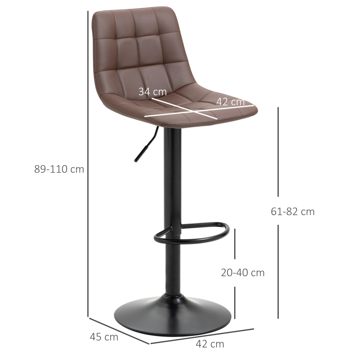 HOMCOM Set of 2 Adjustable Swivel Stools with Footrest, Faux Leather, Brown