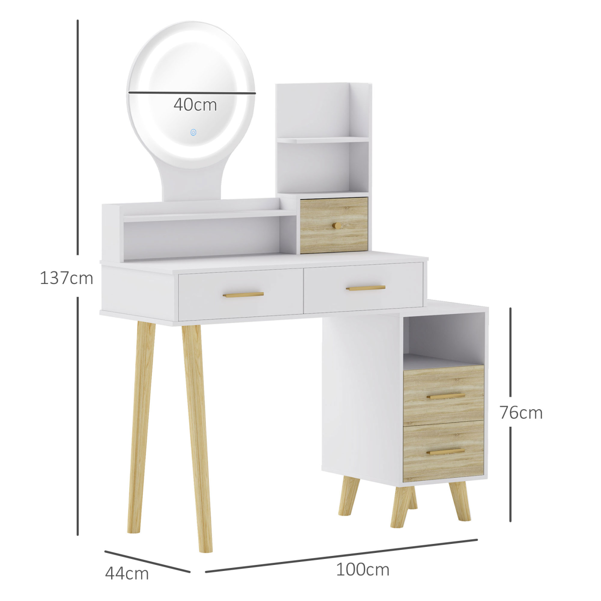 HOMCOM White Vanity Table with Mirror, LED Lights, 5 Drawers