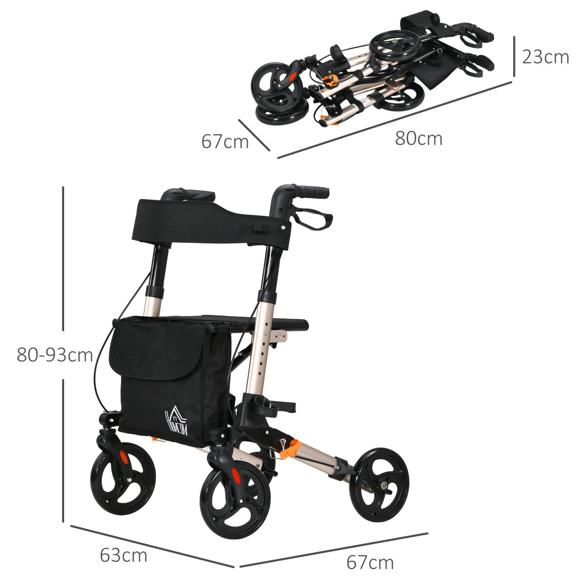 HOMCOM 4-Wheel Rollator Walker with Seat, Adjustable Height, Bag