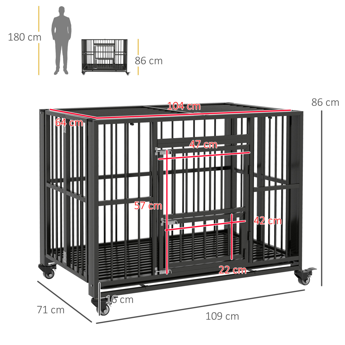 PawHut Foldable Heavy Duty Dog Crate with Locks, Tray & Wheels