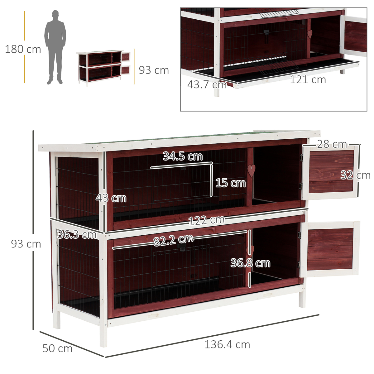 PawHut Two-Tier Elevated Wooden Rabbit Hutch Bunny Cage for Small Pets with Slide-Out Trays and Weather-Resistant Roof