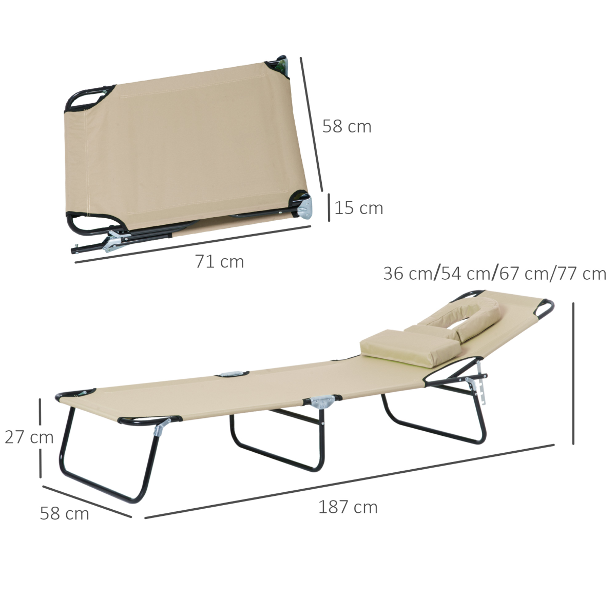 Outsunny Foldable Sun Lounger Reclining Chair with Padded Face Hole, Adjustable Backrest, Beige