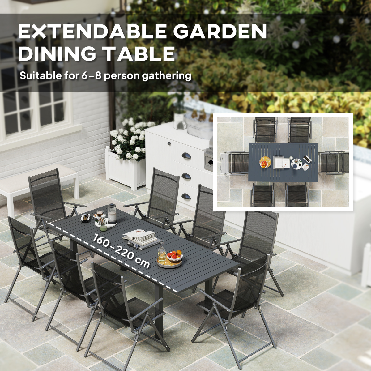 Outsunny Extendable Garden Table with Slatted Top, Grey