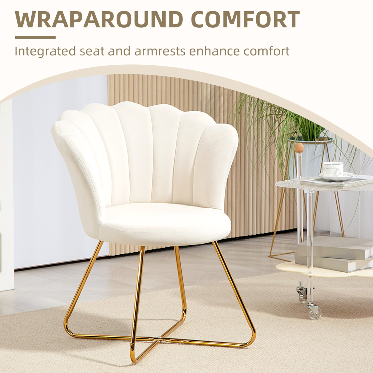 HOMCOM Velvet Accent Chair with Lotus Backrest, Steel Legs, Cream