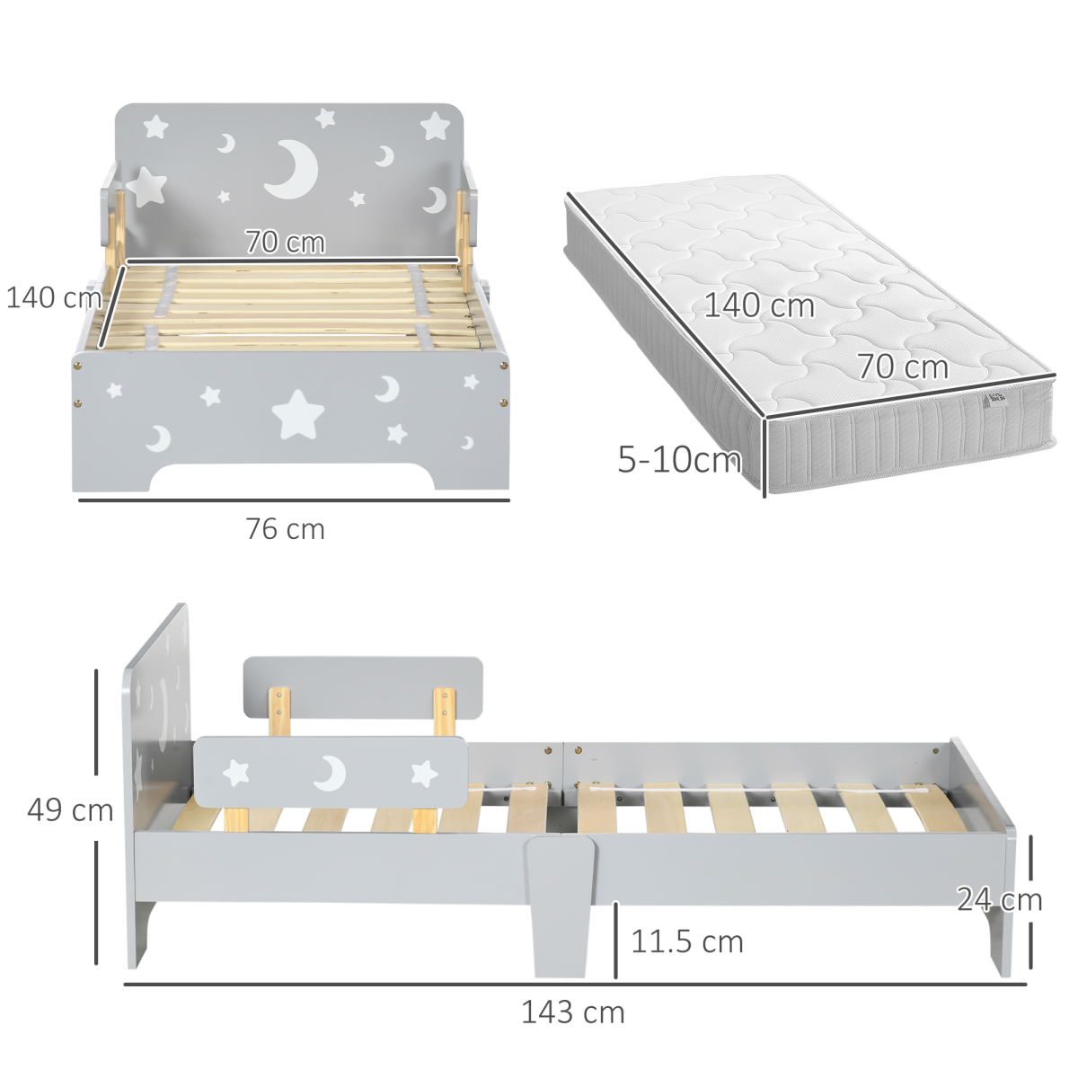 Grey Toddler Bed with Star & Moon Patterns for Ages 3-6