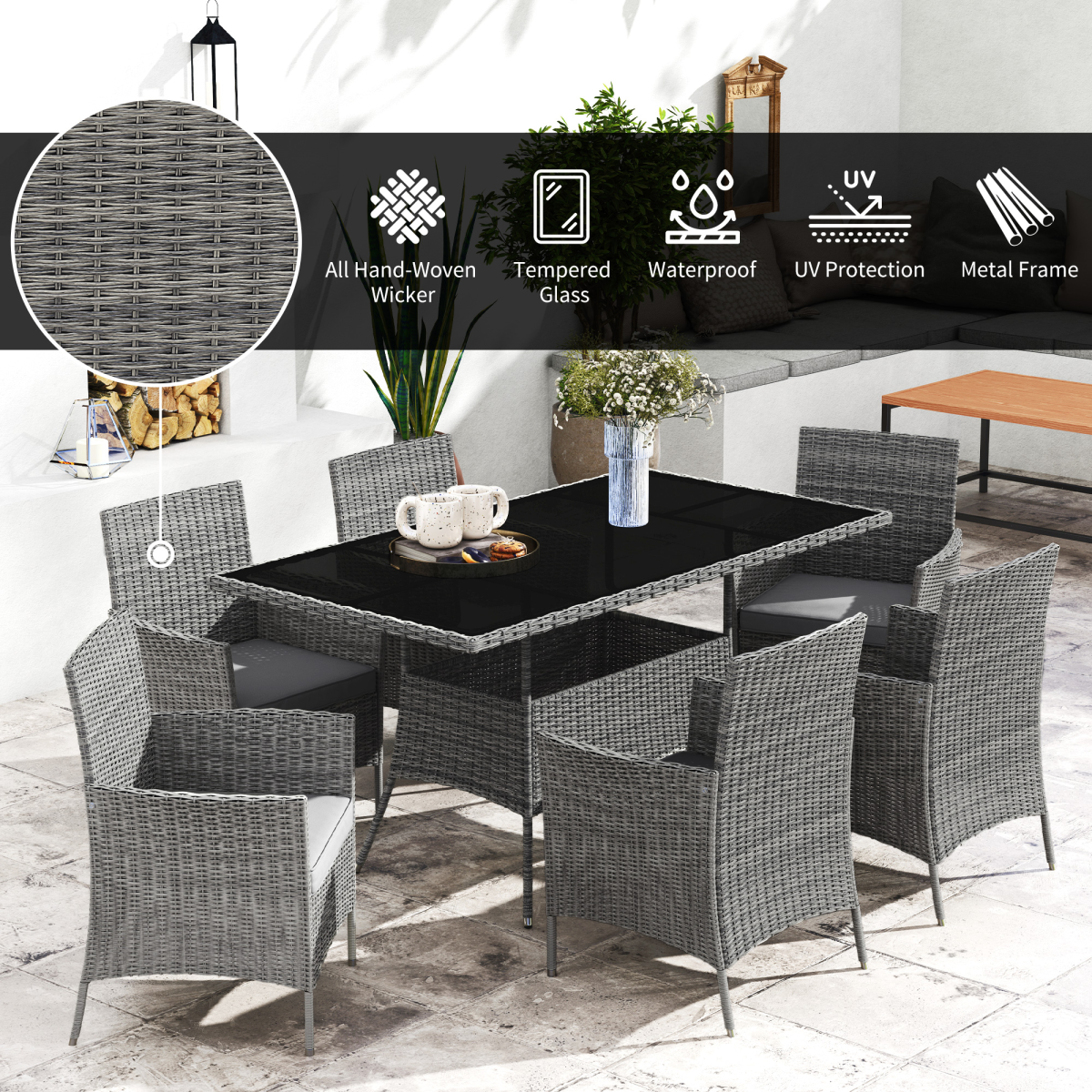 Outsunny 7-Piece PE Rattan Garden Dining Set with Cushions, Glass Top Table