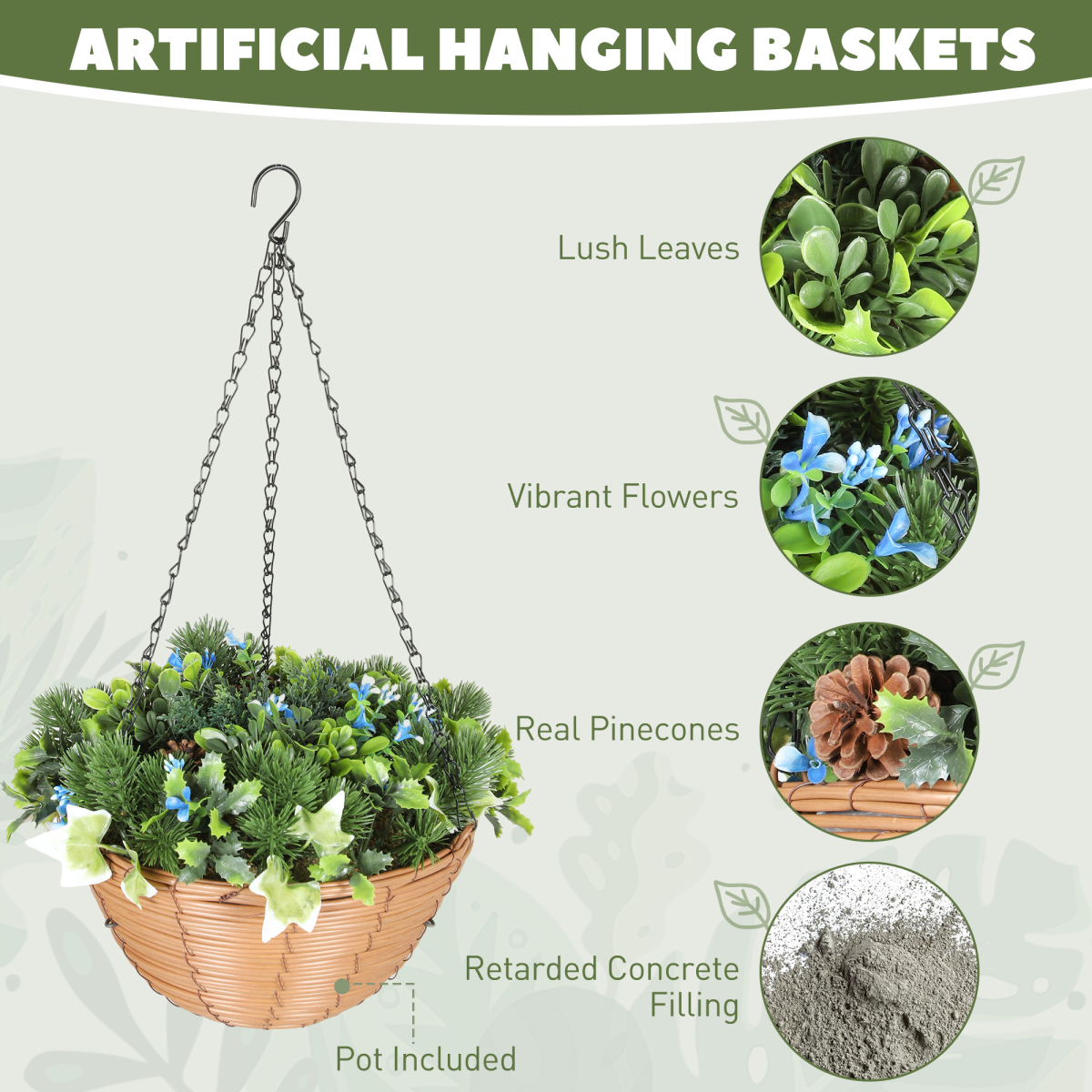 HOMCOM Set of 2 Artificial Hanging Flower Baskets with PE Leaves