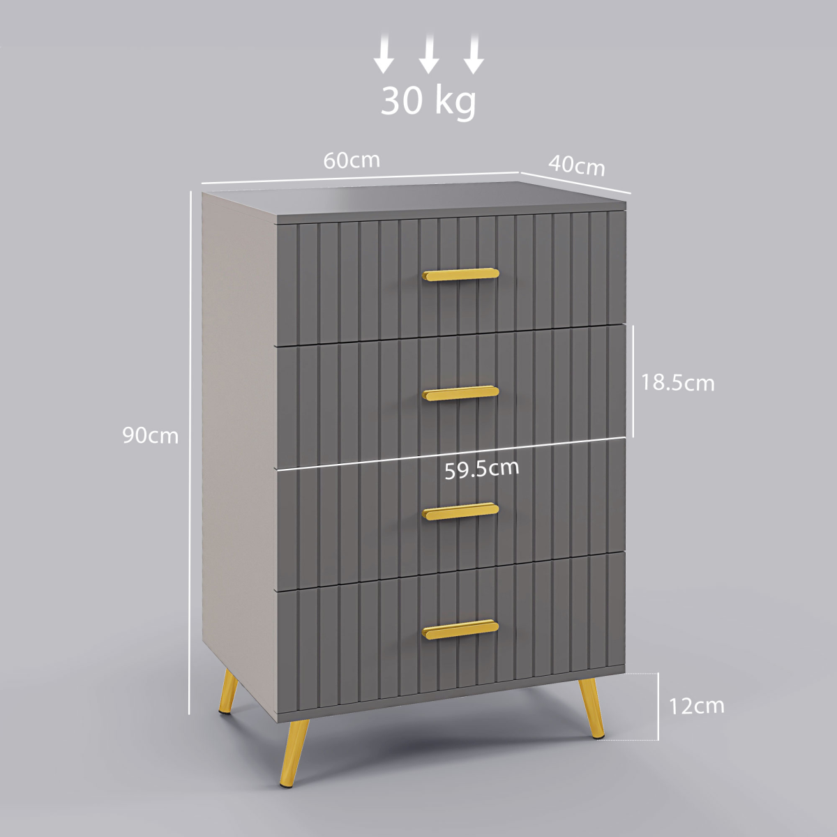 HOMCOM 4-Drawer Chest of Drawers, Grey with Gold Accents, Aluminium Legs