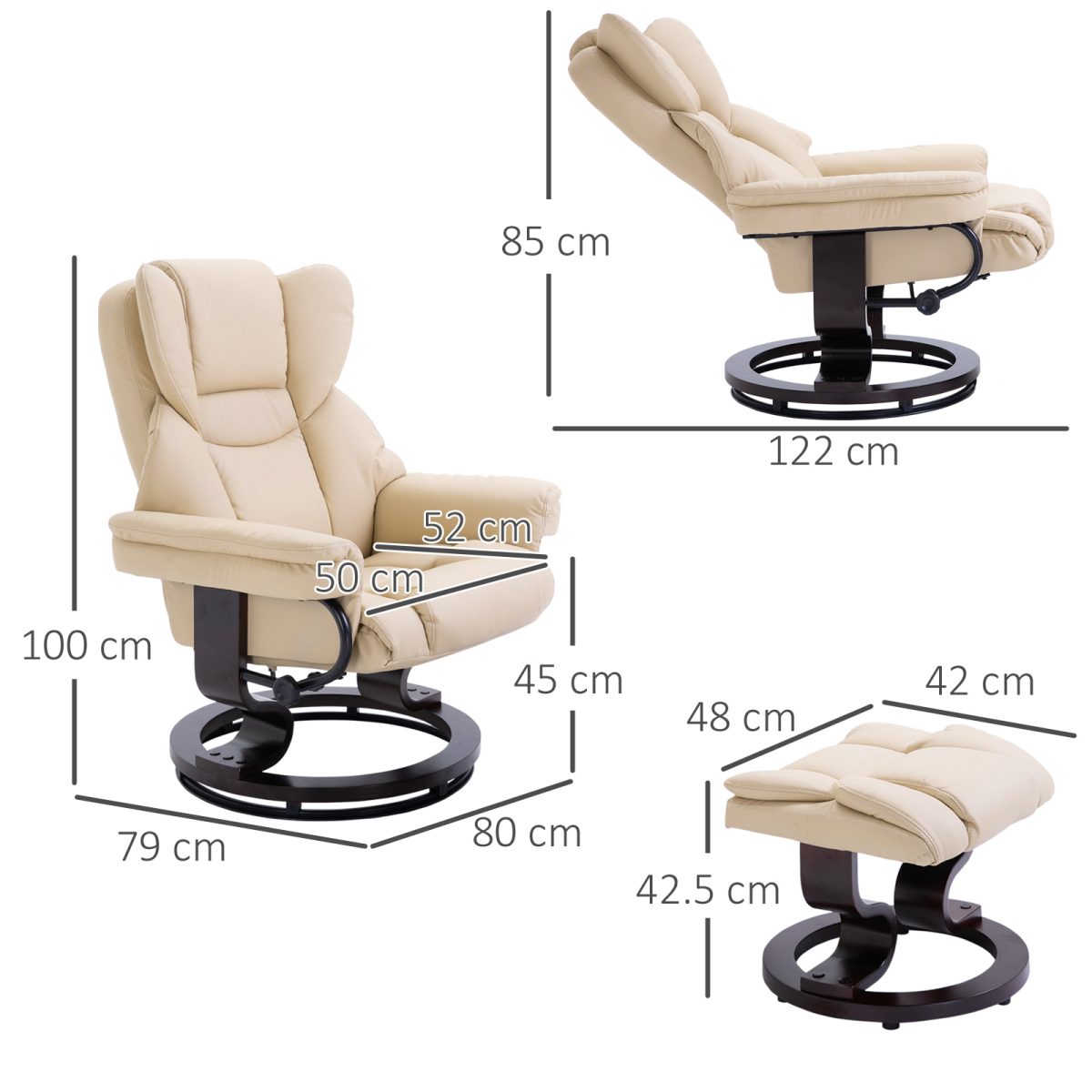Cream PU Leather Swivel Recliner Armchair with Footstool