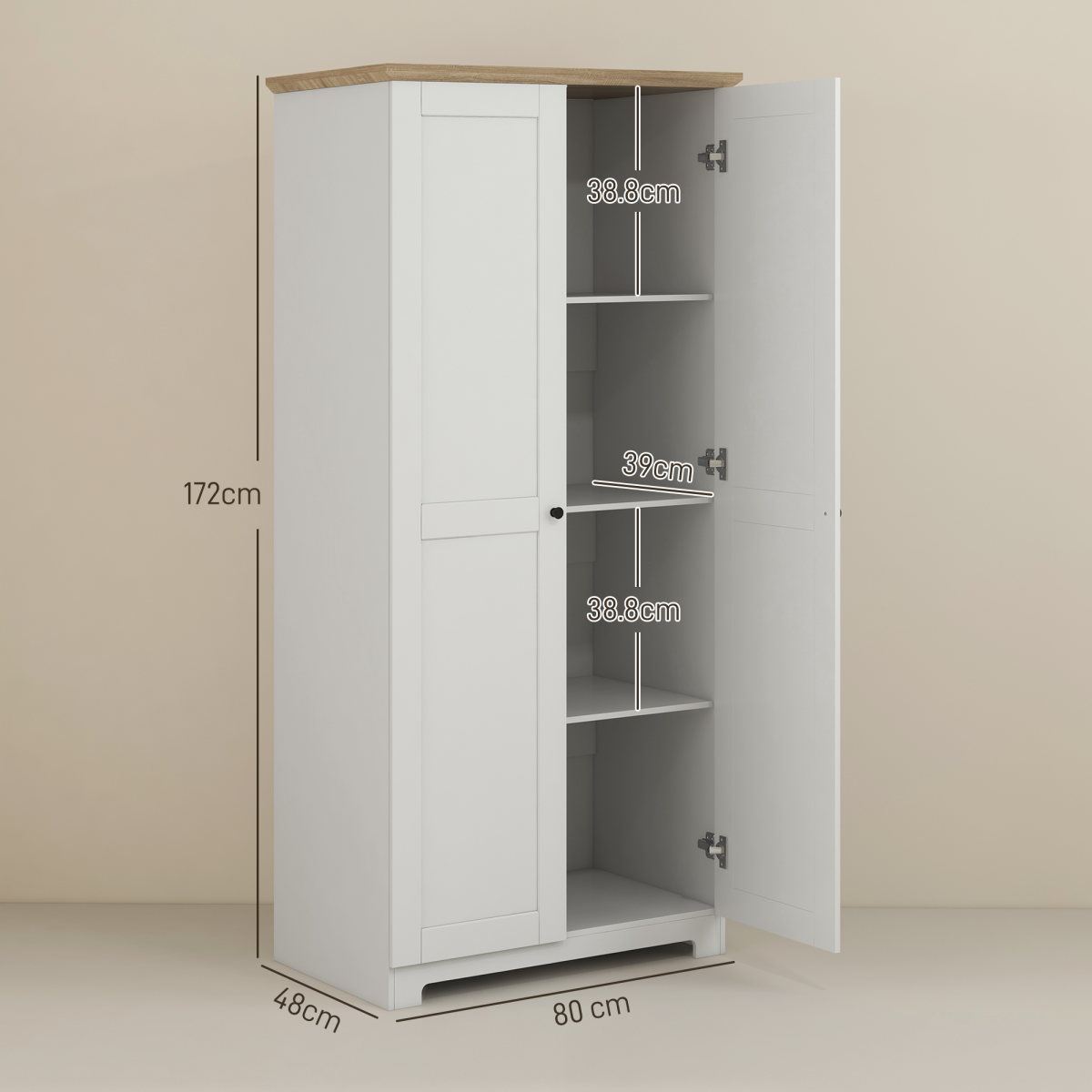 172cm White Wooden Storage Cabinet Cupboard with 2 Doors and 4 Shelves