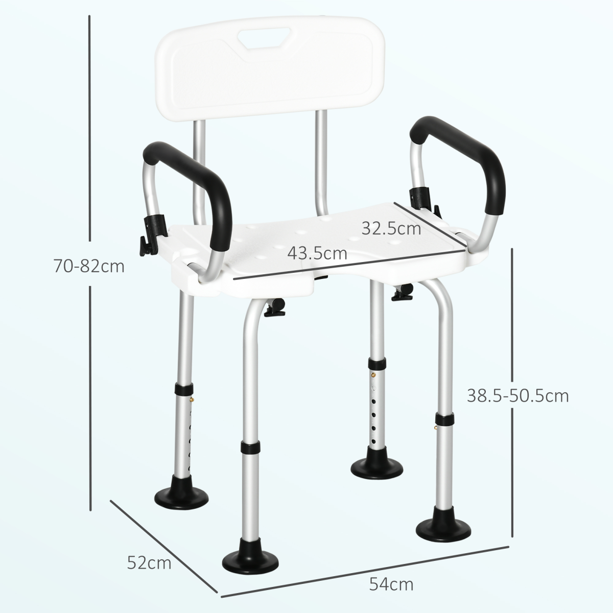 HOMCOM Adjustable Height Shower Stool with Suction Feet, High Back, Padded Arms and Drainage Seat for Elderly and Disabled