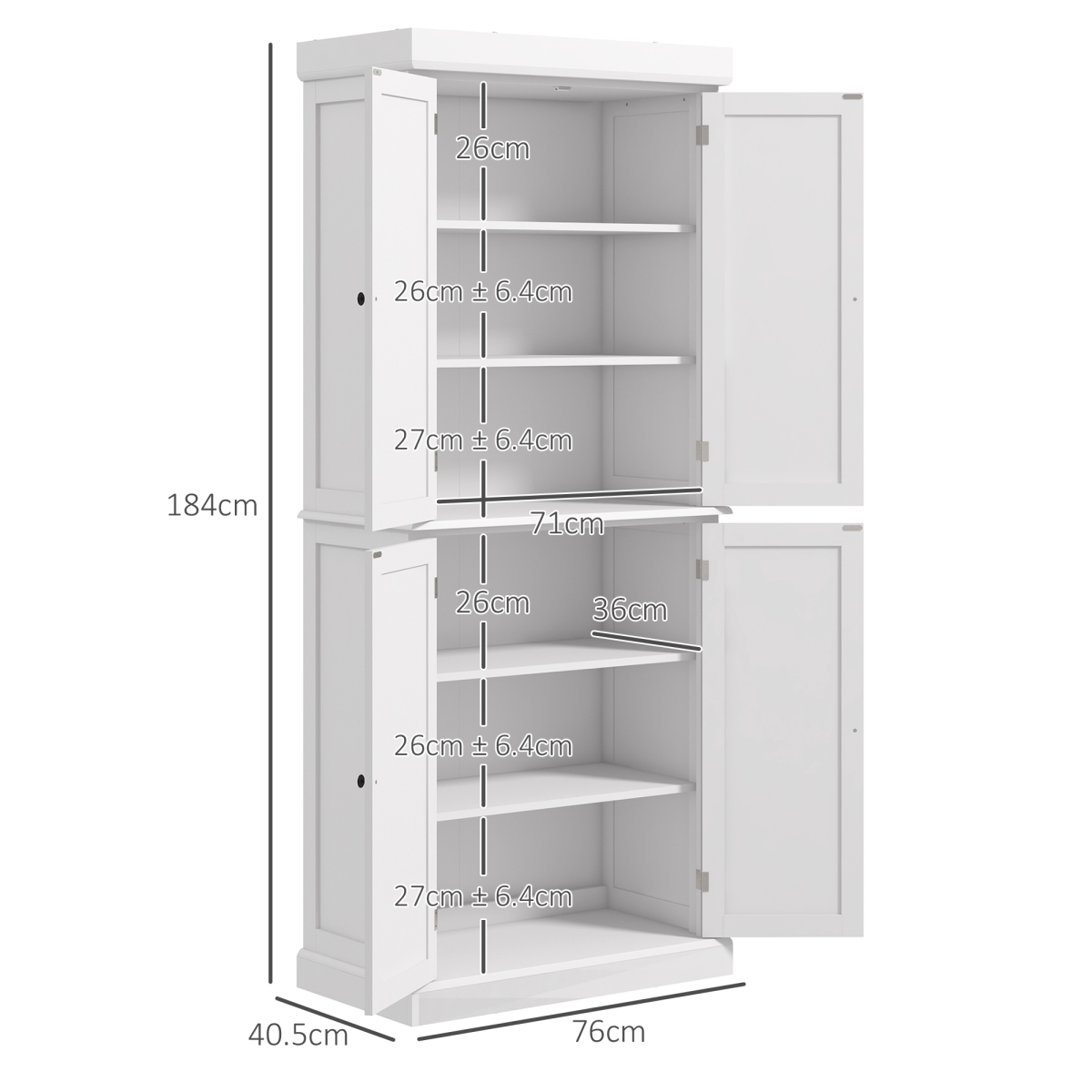 HOMCOM Freestanding Kitchen Cupboard, 6-Tier White Cabinet