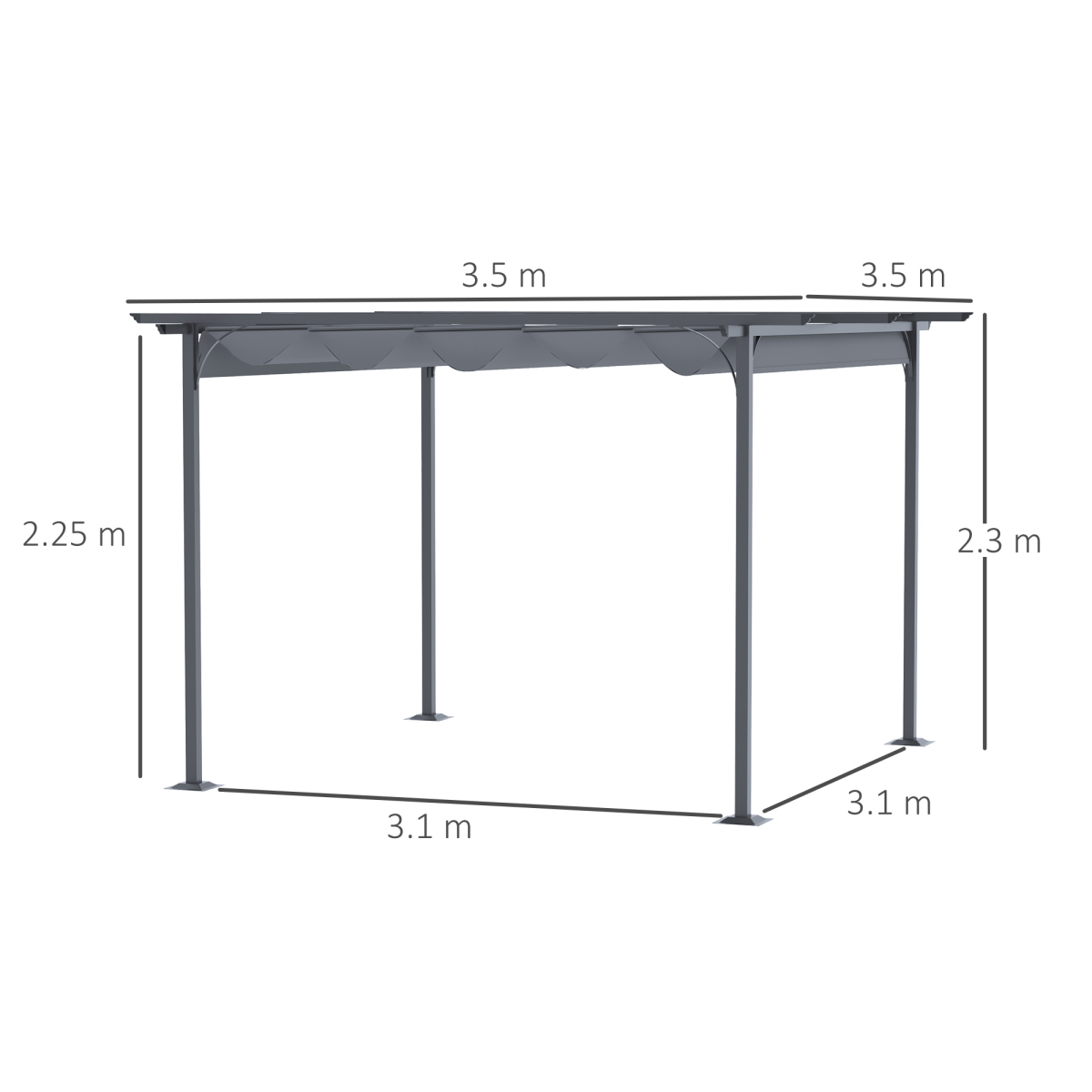 Outsunny 3.5m x 3.5m Metal Pergola Gazebo with Retractable Grey Canopy, Powder-Coated Steel Frame