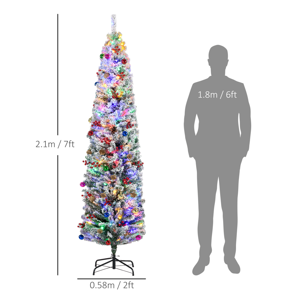 HOMCOM 7ft Artificial Christmas Tree with Flocked Tips, LED Lights & Decorations