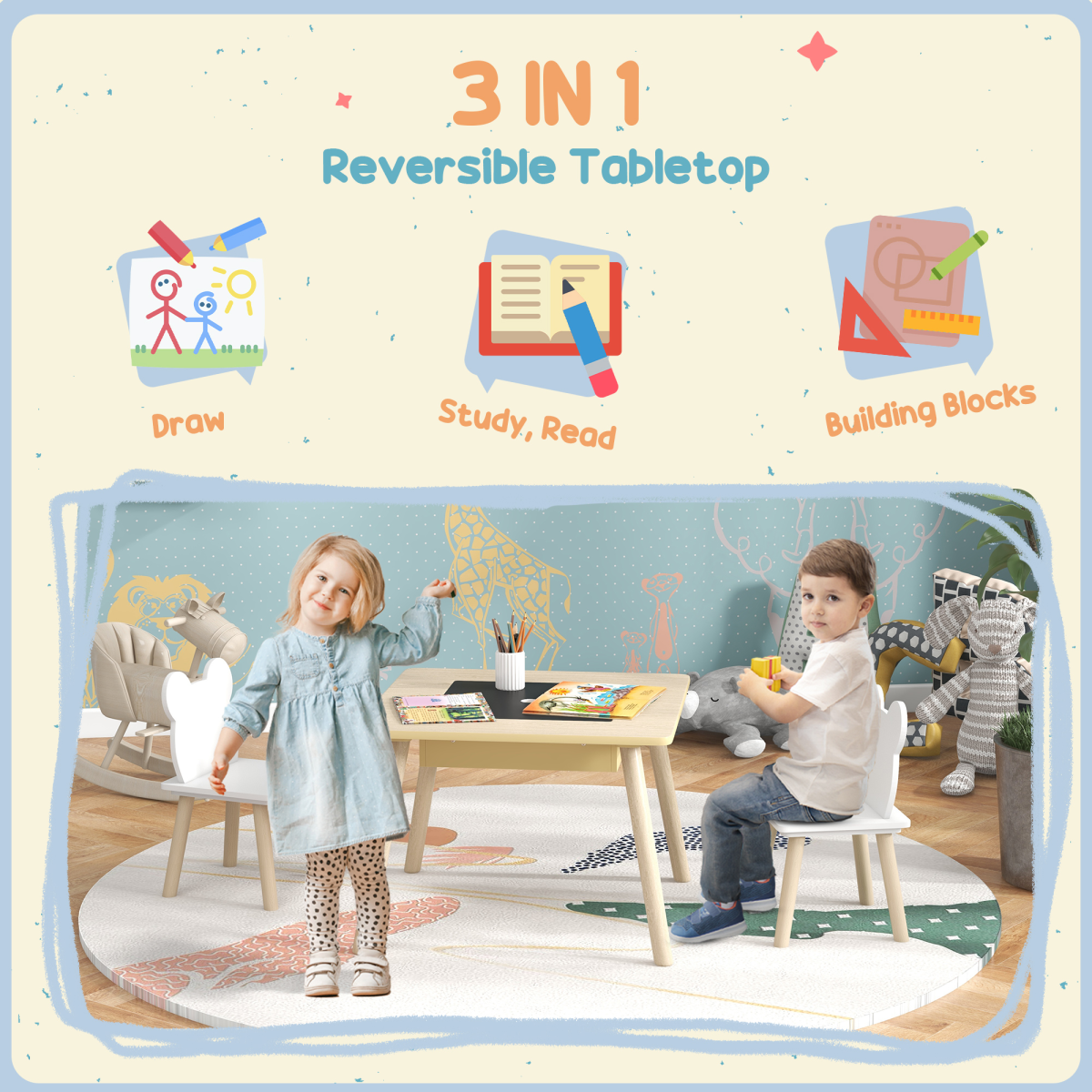 AIYAPLAY 3-Piece Toddler Table and 2 Bear Chairs with Storage