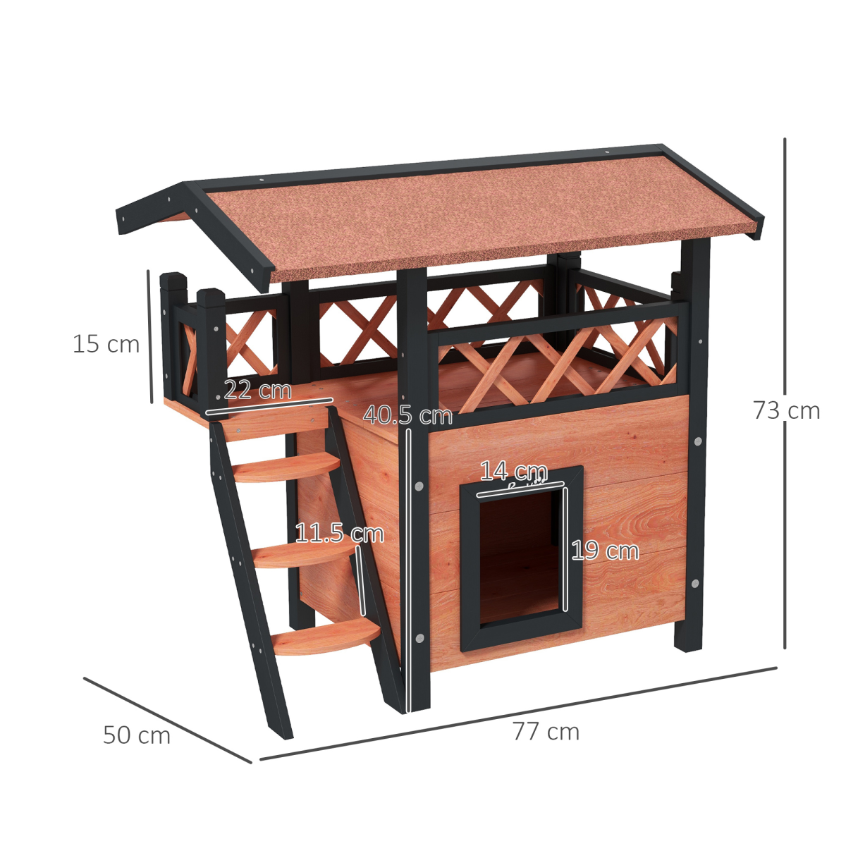 PawHut Outdoor Fir Wood Cat House with Balcony, Stairs & Roof