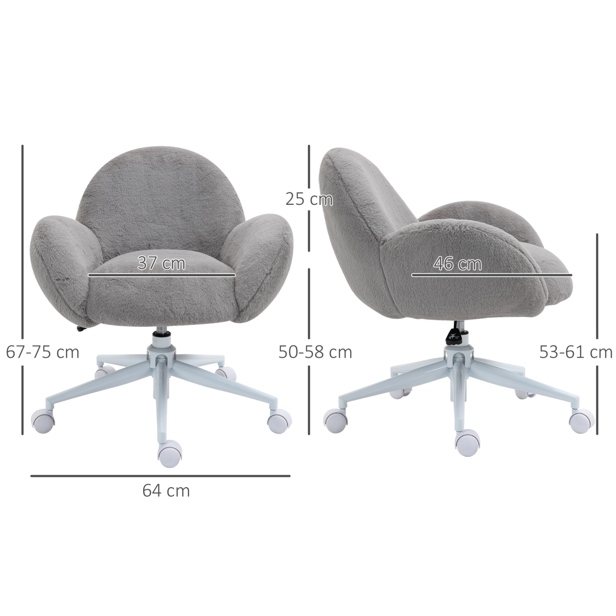 HOMCOM Fluffy Leisure Office Chair with Backrest and Armrests, Swivel Height Adjustable, Grey