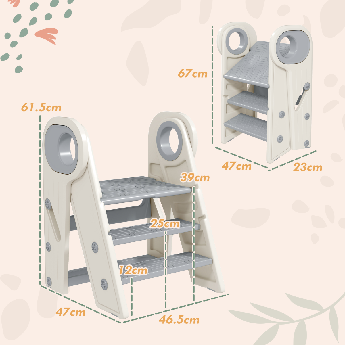 AIYAPLAY Foldable Adjustable Toddler Tower with Handle, Non-Slip, Grey