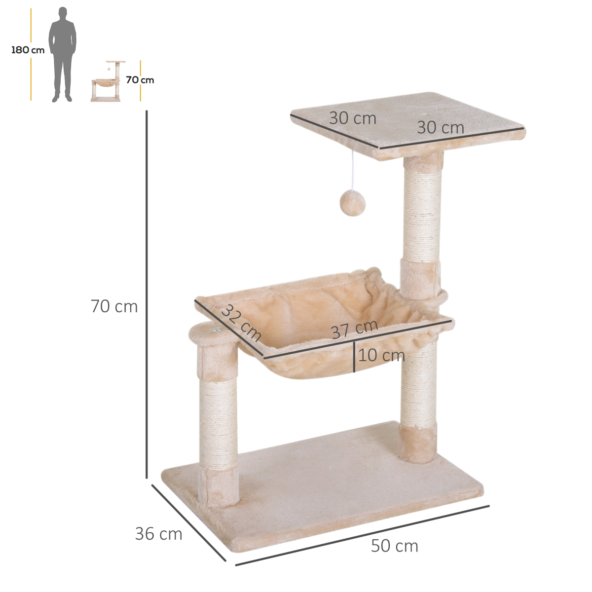 Pawhut Cat Activity Tree Two-Tier Play Tower with Sisal Scratching Posts, Hammock and Top Perch