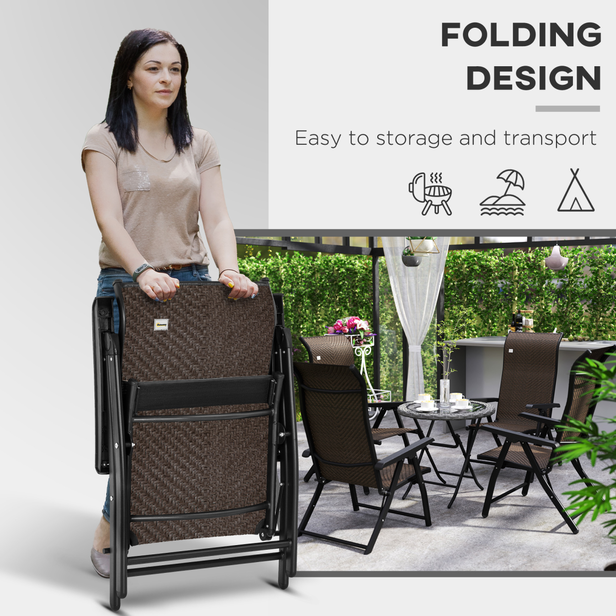 Outsunny Set of 4 Folding Outdoor Rattan Chairs, Adjustable Backrest