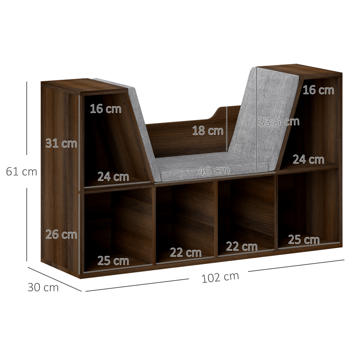 HOMCOM Cube Bookshelf Organizer with Reading Seat, 6-Cube Storage, Chestnut