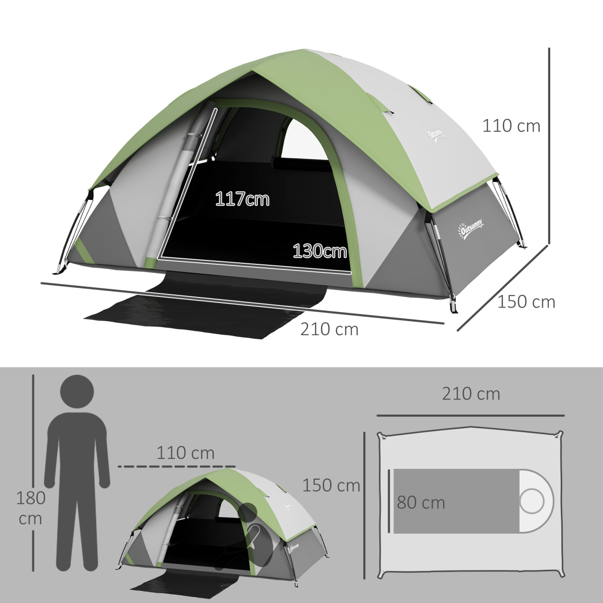 Outsunny 2 Person Camping Tent, Sewn-in Groundsheet, 3000mm Waterproof