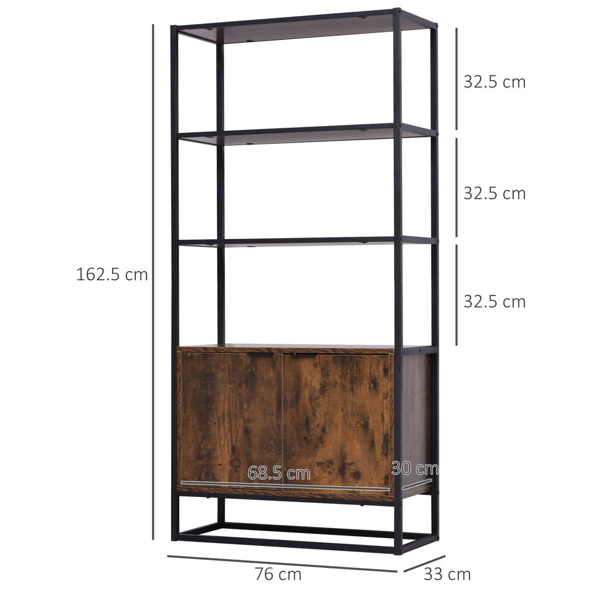 Industrial Style Storage Cabinet with 3 Open Shelves and Bottom Cabinet for Living Room Bedroom