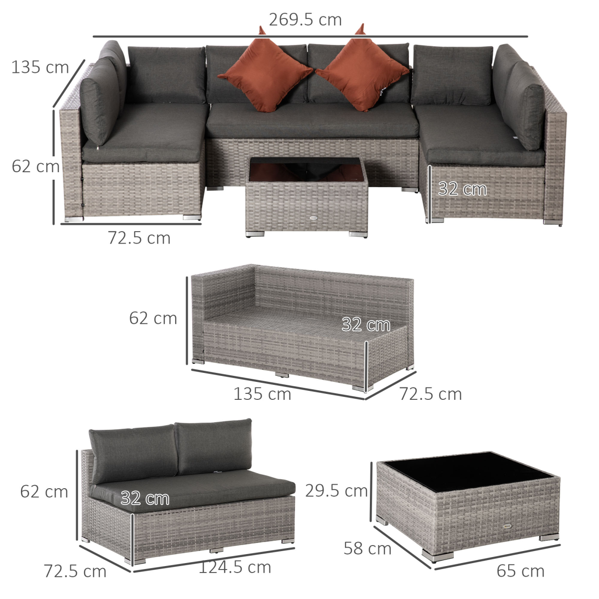 Outsunny 6-Seater Patio PE Rattan Sofa Set with Tempered Glass Coffee Table Grey