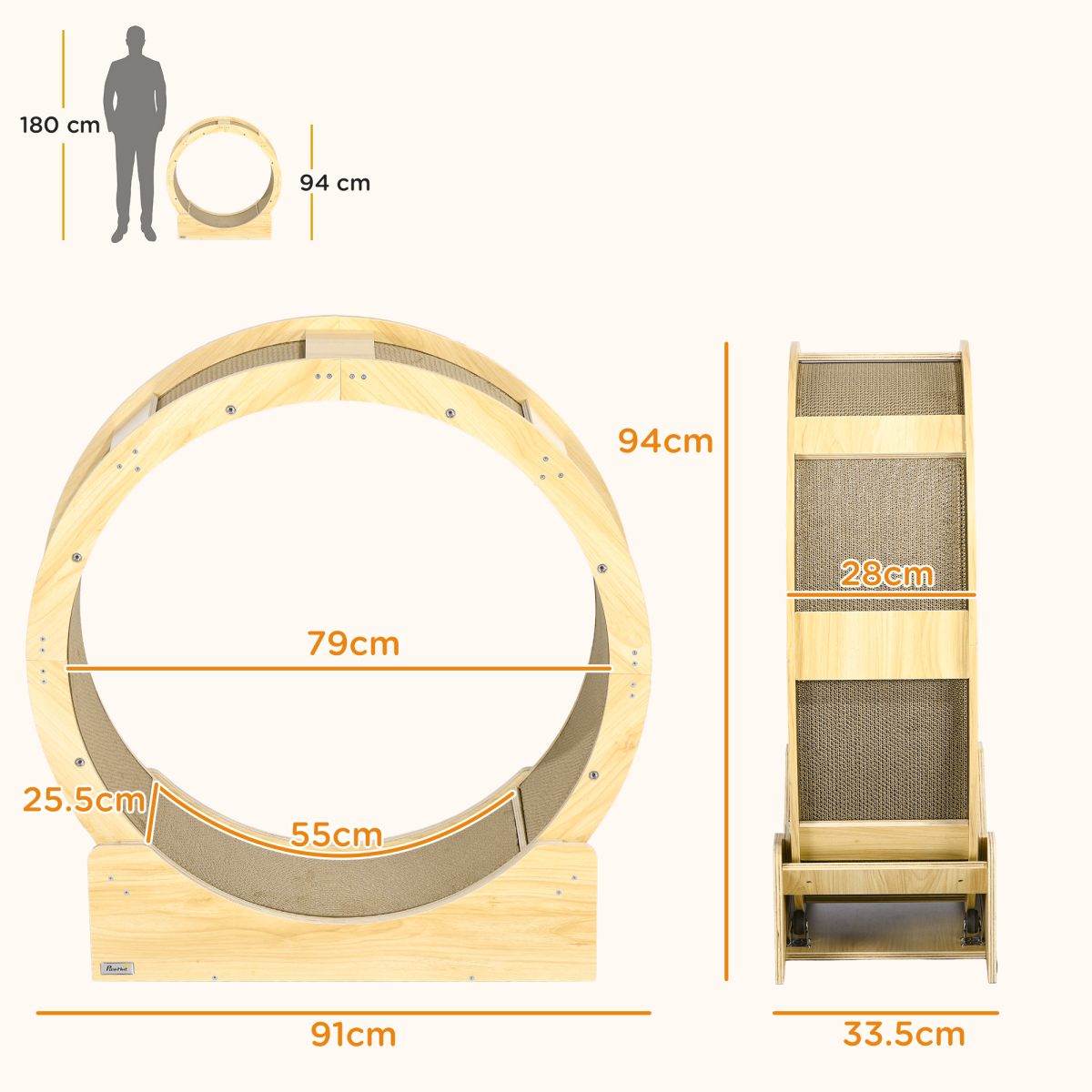 PawHut Cat Wheel with Brake & Scratching Pads, Oak