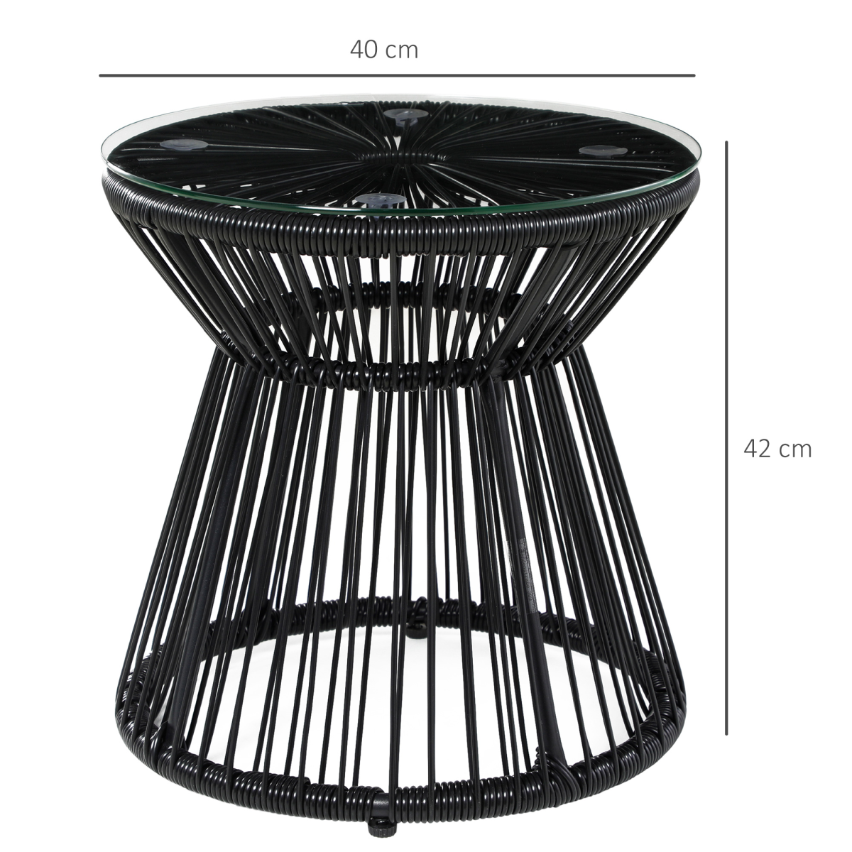 Outsunny Black PE Rattan Round End Table with Tempered Glass Top, Hollow Drum Design