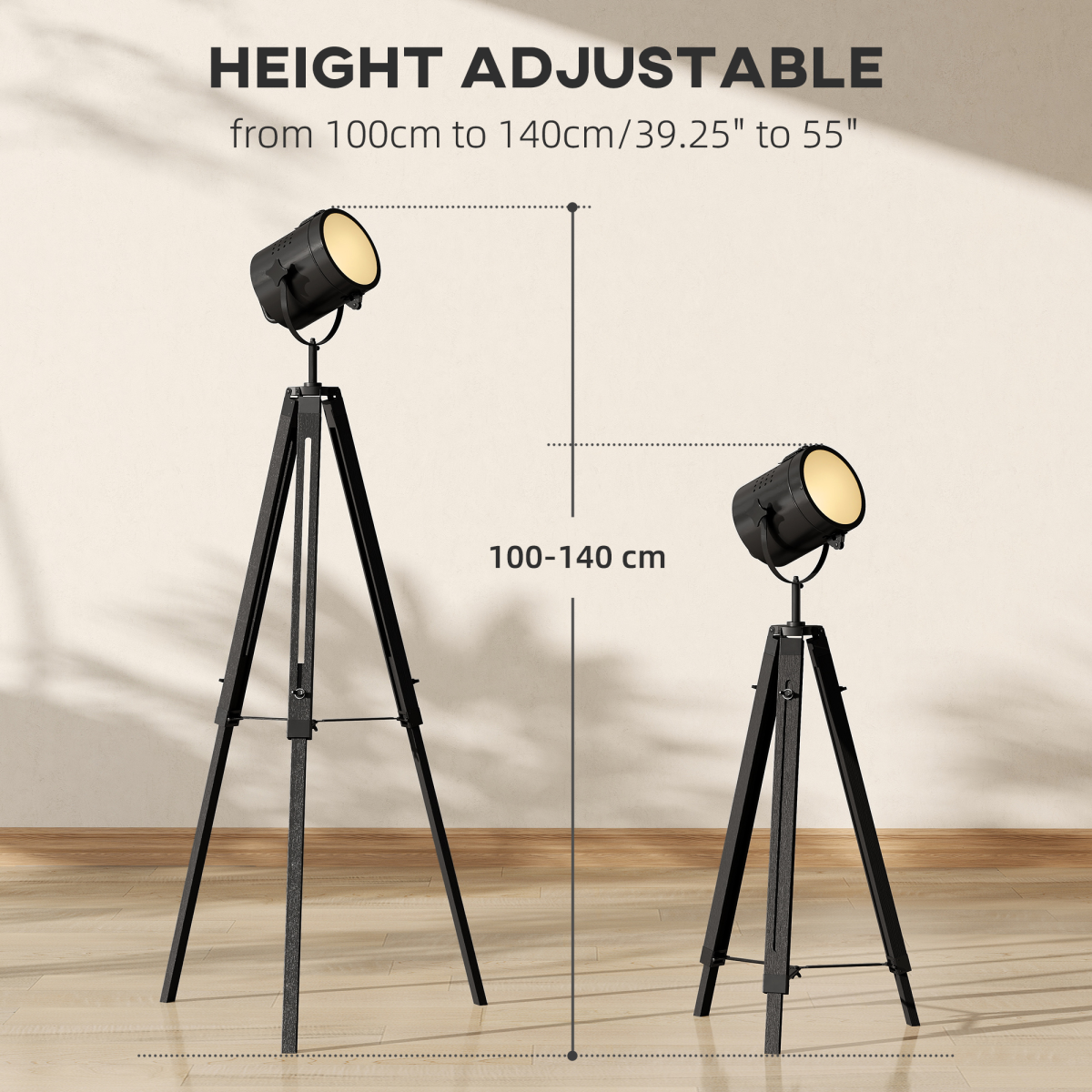 HOMCOM Industrial Adjustable Tripod Floor Lamp with Wood Base, Black