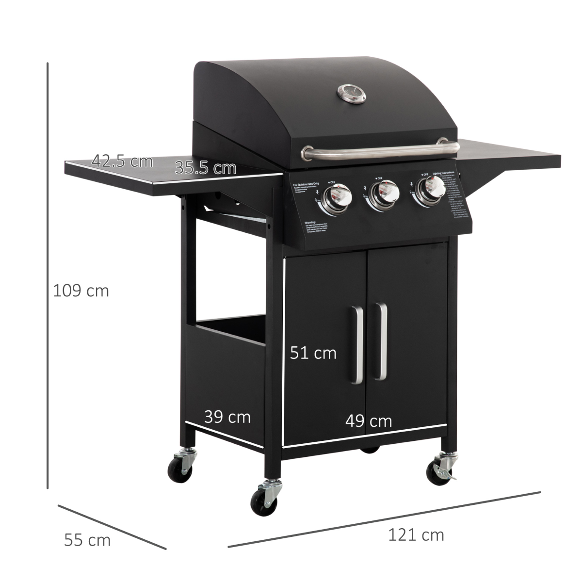 Outsunny 3 Burner Gas BBQ Grill with Lid, Warming Rack, Side Shelves, Storage Cabinet, Wheels, Piezo Ignition