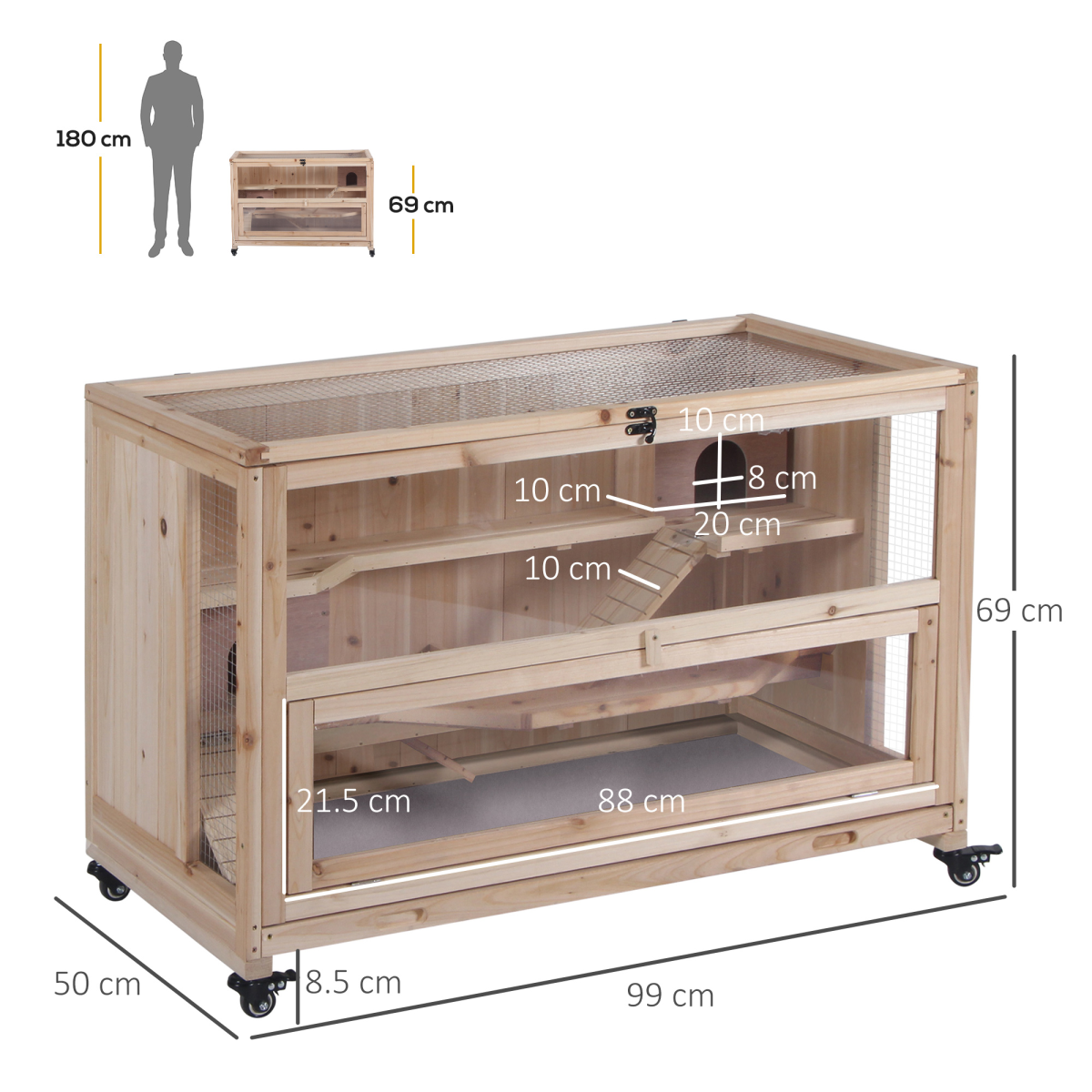 Pawhut 3-Tier Wooden Hamster Cage, Small Animal Hutch with Two Huts, Two Ladders, Mesh Roof, Pull-Out Tray, Wheels, Natural Wood
