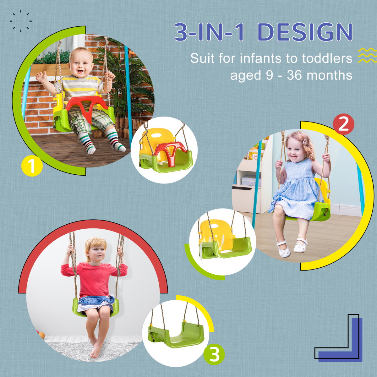 3-in-1 Adjustable Baby Swing for 9-36 Months, Indoor/Outdoor Safe
