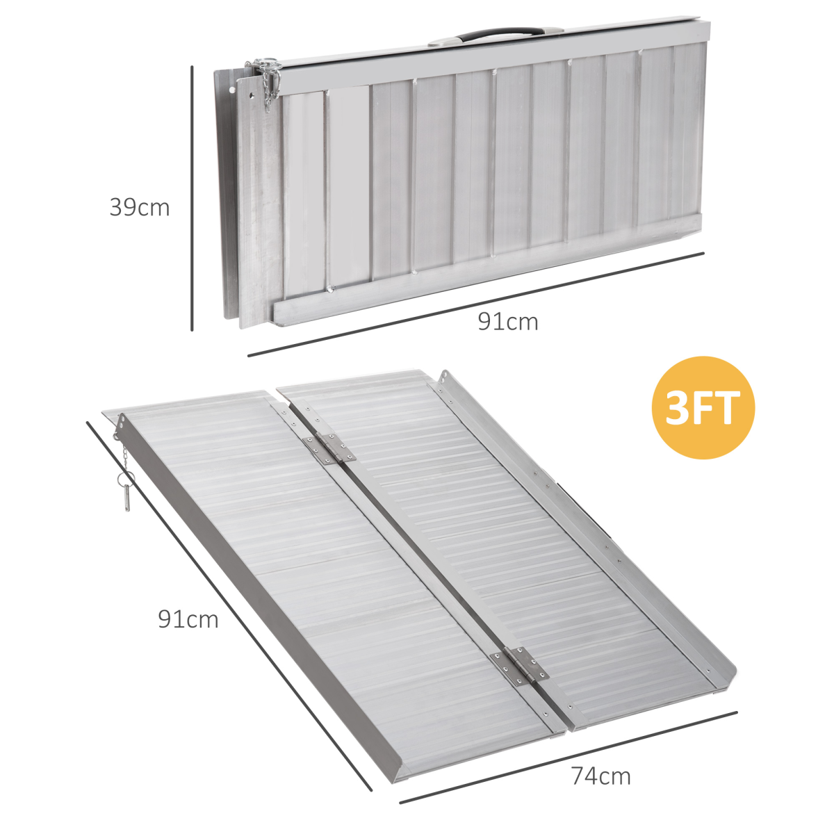 HOMCOM Portable Folding Aluminium Wheelchair Ramp with Carry Handle, Anti-Slip Surface, Guardrails, 270kg Max Load