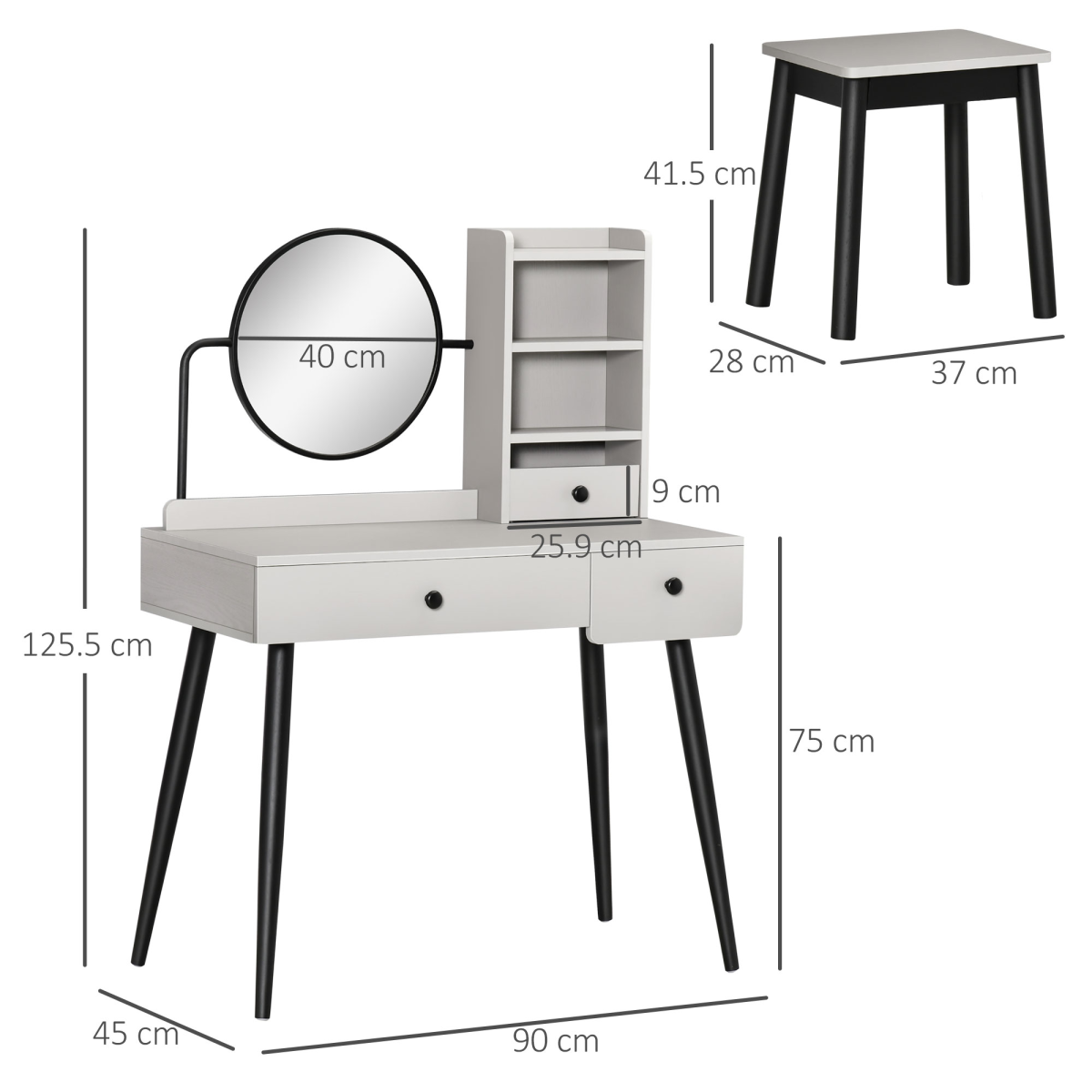 HOMCOM Dressing Table Set with Stool, 3 Drawers, Side Shelves and Fixed Mirror, Grey