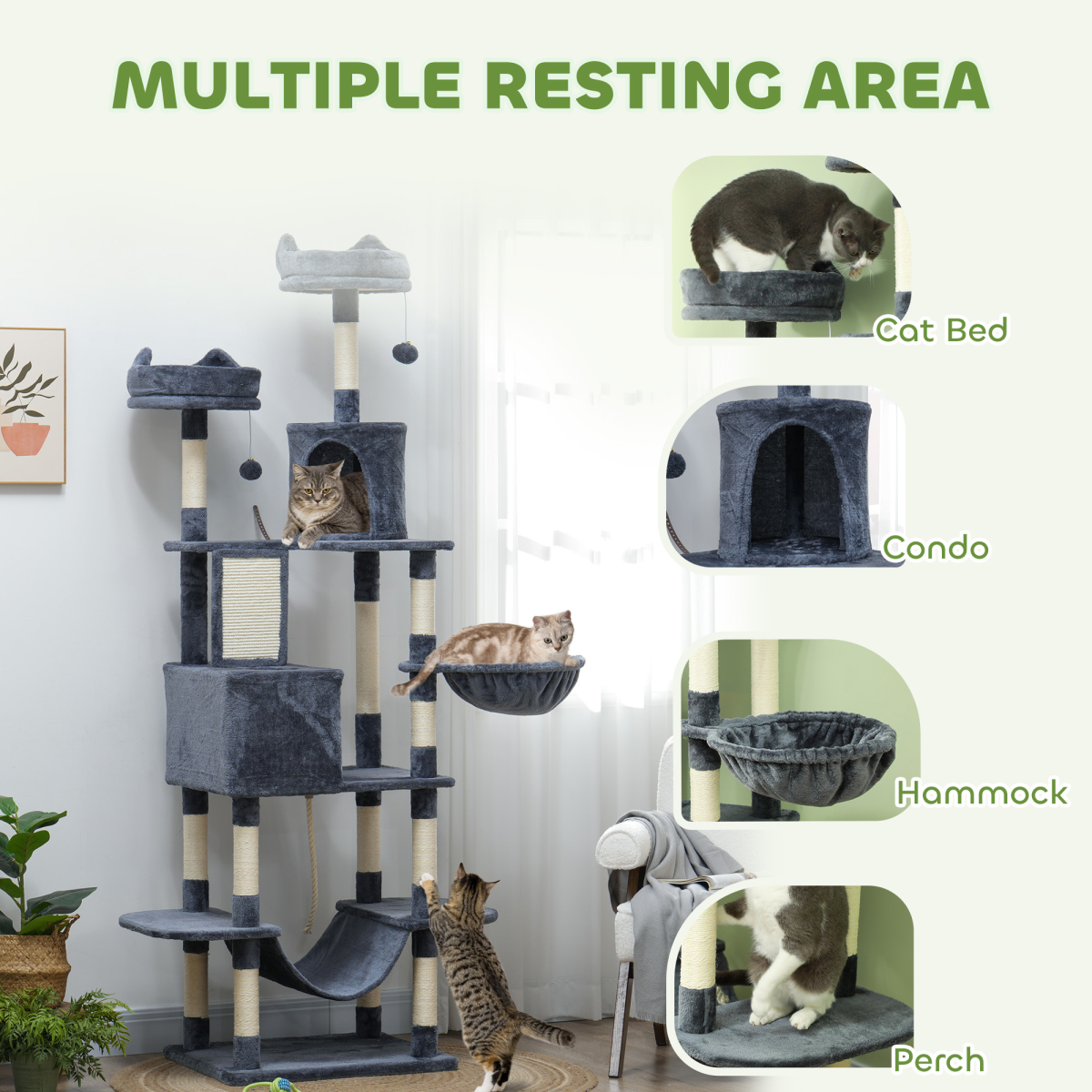 PawHut 206cm Tall Cat Tree with Beds, Condos, Scratching Posts