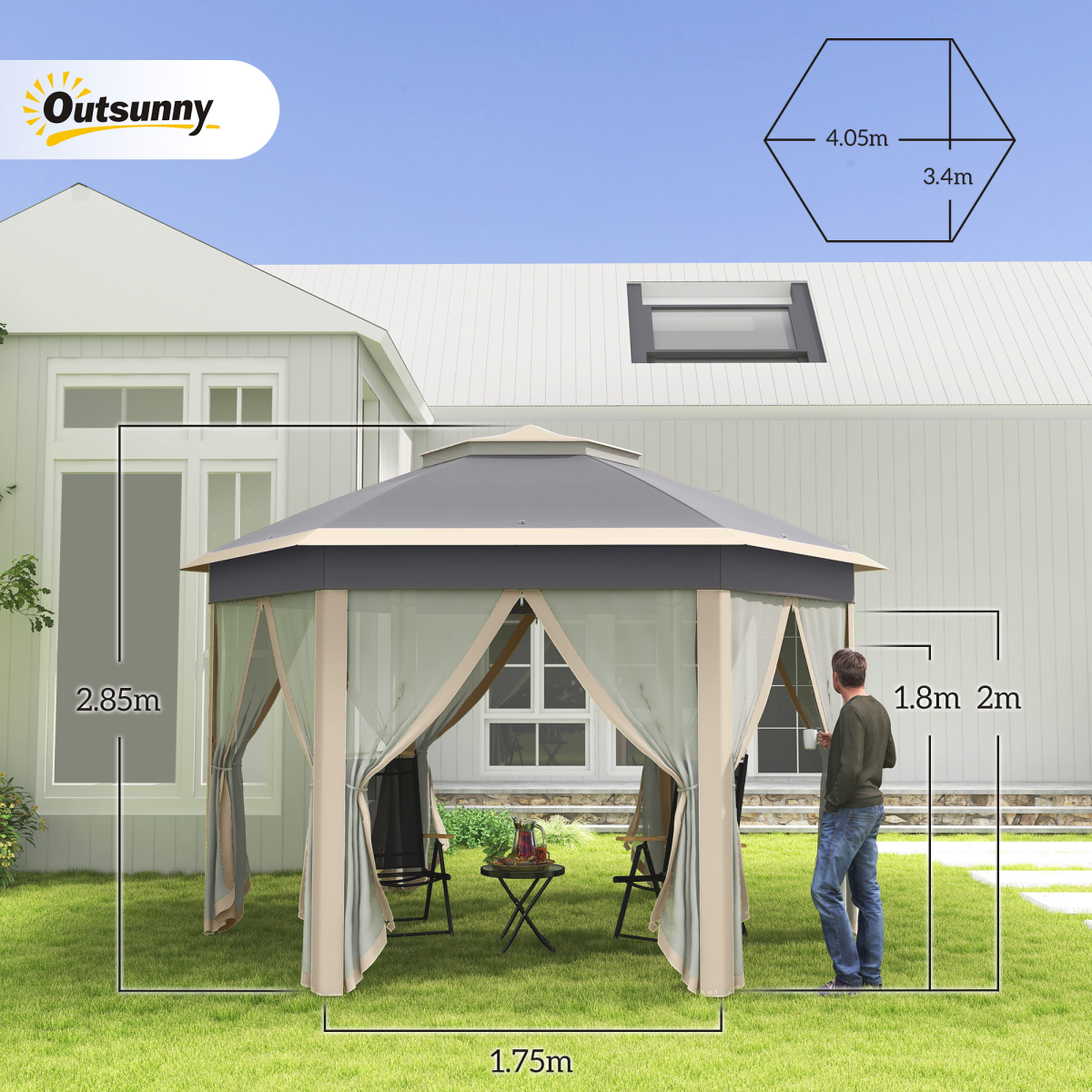 Outsunny 3x4m Hexagon Pop Up Gazebo with Metal Frame and Mesh Curtains, Khaki