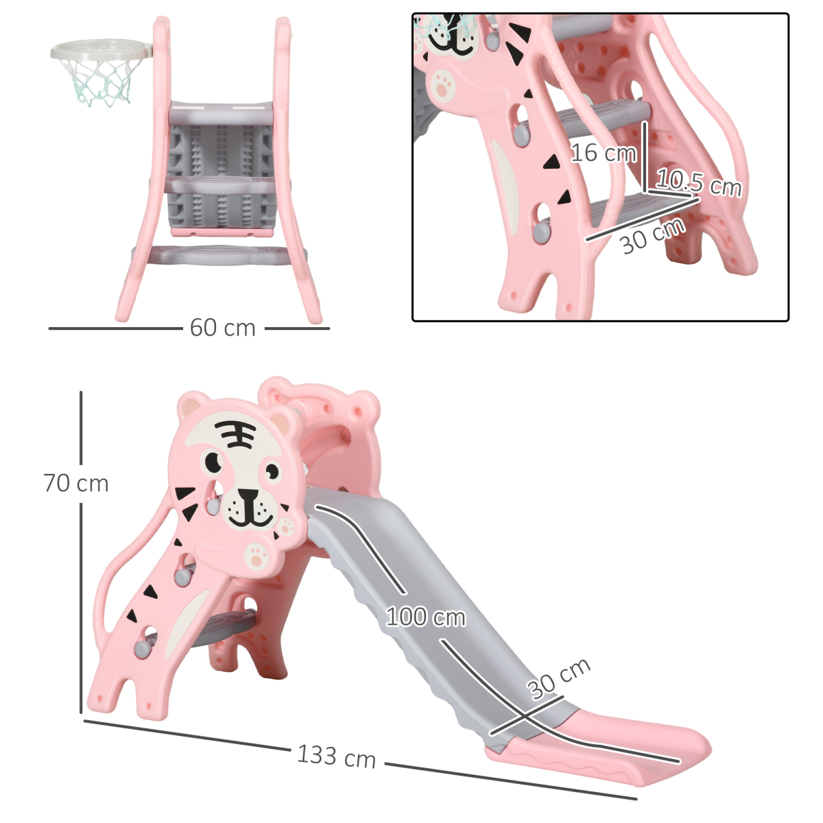 AIYAPLAY Kids Slide with Basketball Hoop, Pink, 18-36 Months