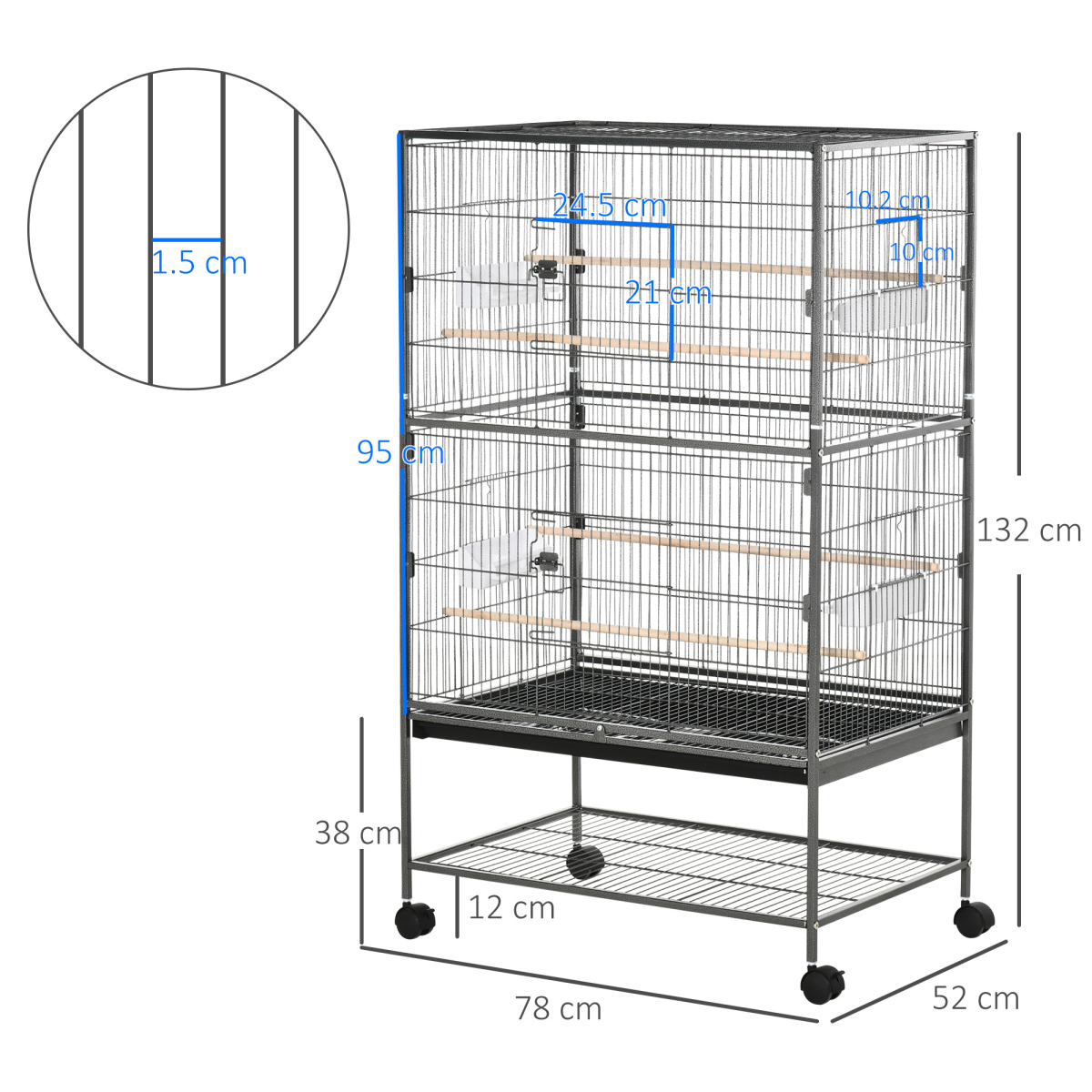 Bird Cage Aviary for Budgies & Canaries, Rolling Stand, Slide-Out Tray, Grey