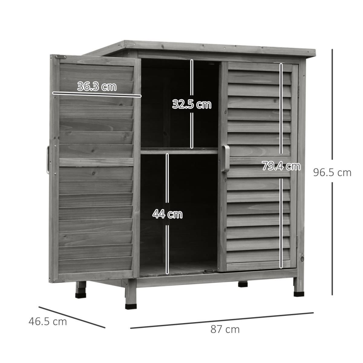 Outsunny Wooden Garden Storage Shed with 2 Slatted Doors, Solid Fir Wood, Grey, 87 x 46.5 x 96.5 cm