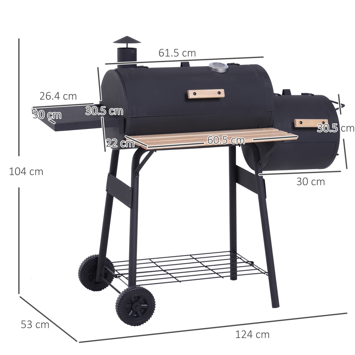 Outsunny Portable Charcoal BBQ Grill with Offset Smoker, Steel, Thermometer, Side Shelves and Wheels