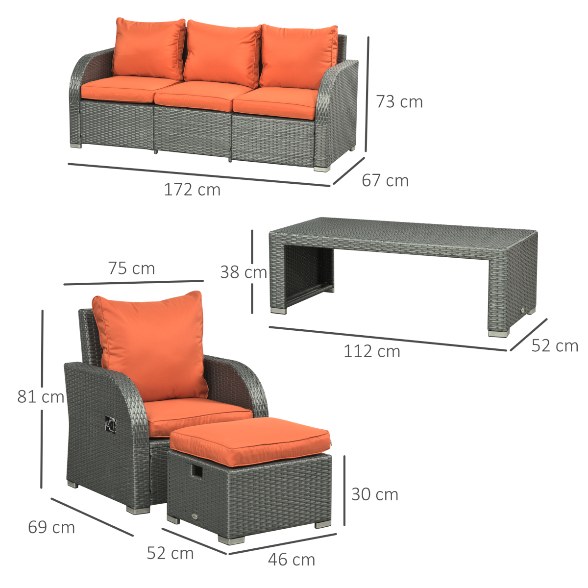 Outsunny 6 Piece Outdoor Rattan Wicker Patio Furniture Set with 3 Seat Sofa, 2 Reclining Armchairs, 2 Footstools and Table