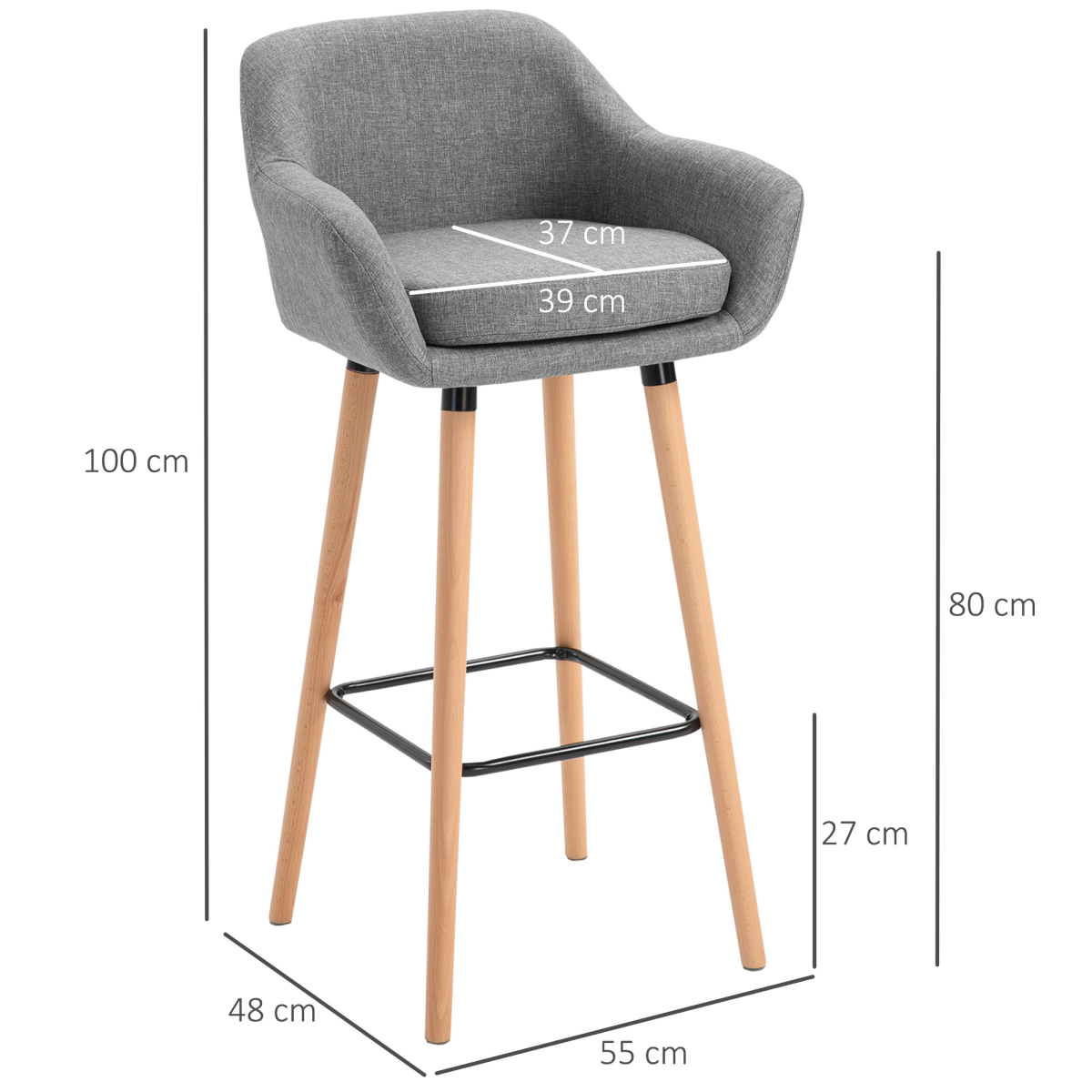 2-Piece Upholstered Linen Bar Stools with Solid Wood Legs, Grey