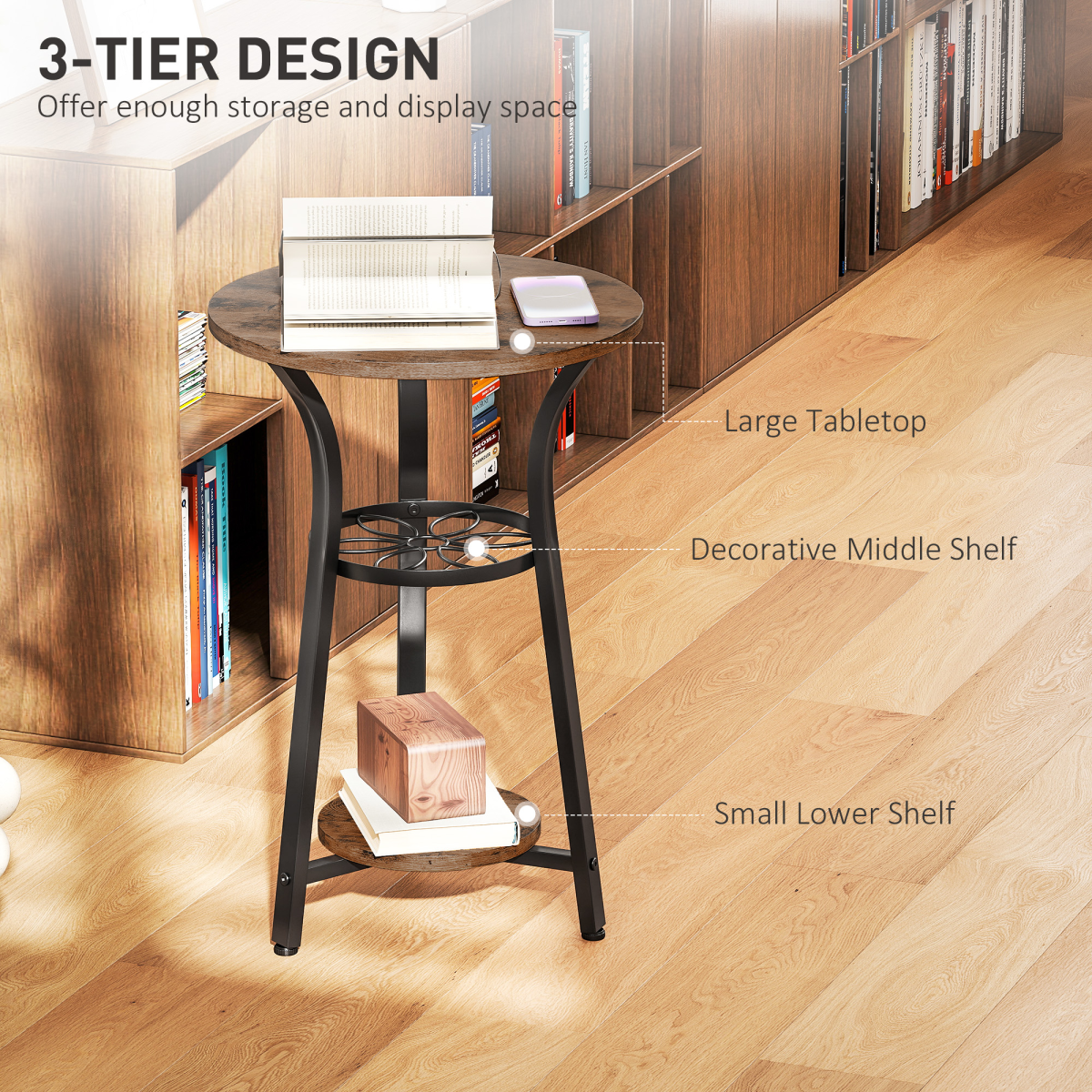 HOMCOM 38 cm Round 3-Tier Industrial Side Table, Rustic Brown