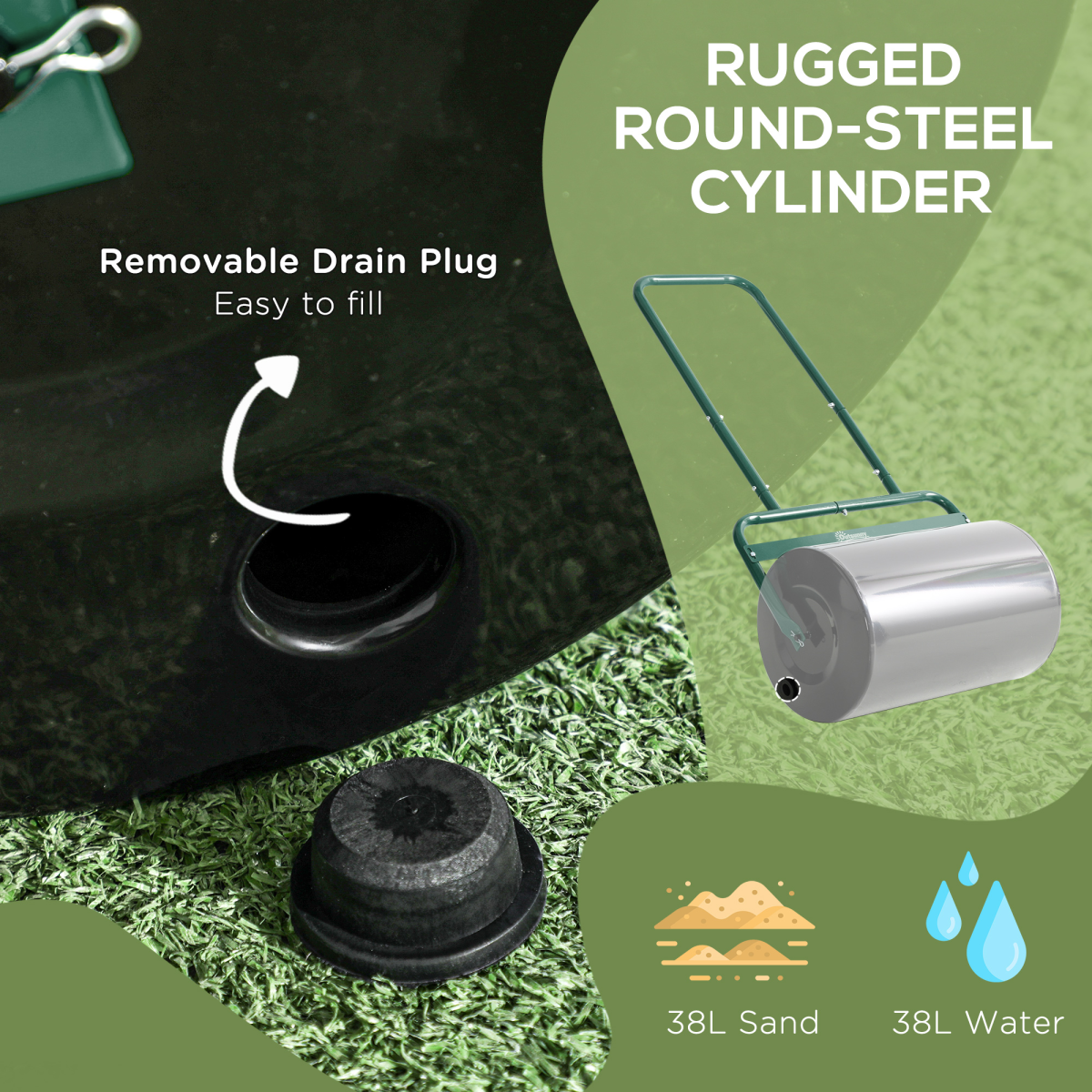 Outsunny 38L Push-Pull Garden Roller, Water/Sand Fill, Dark Green