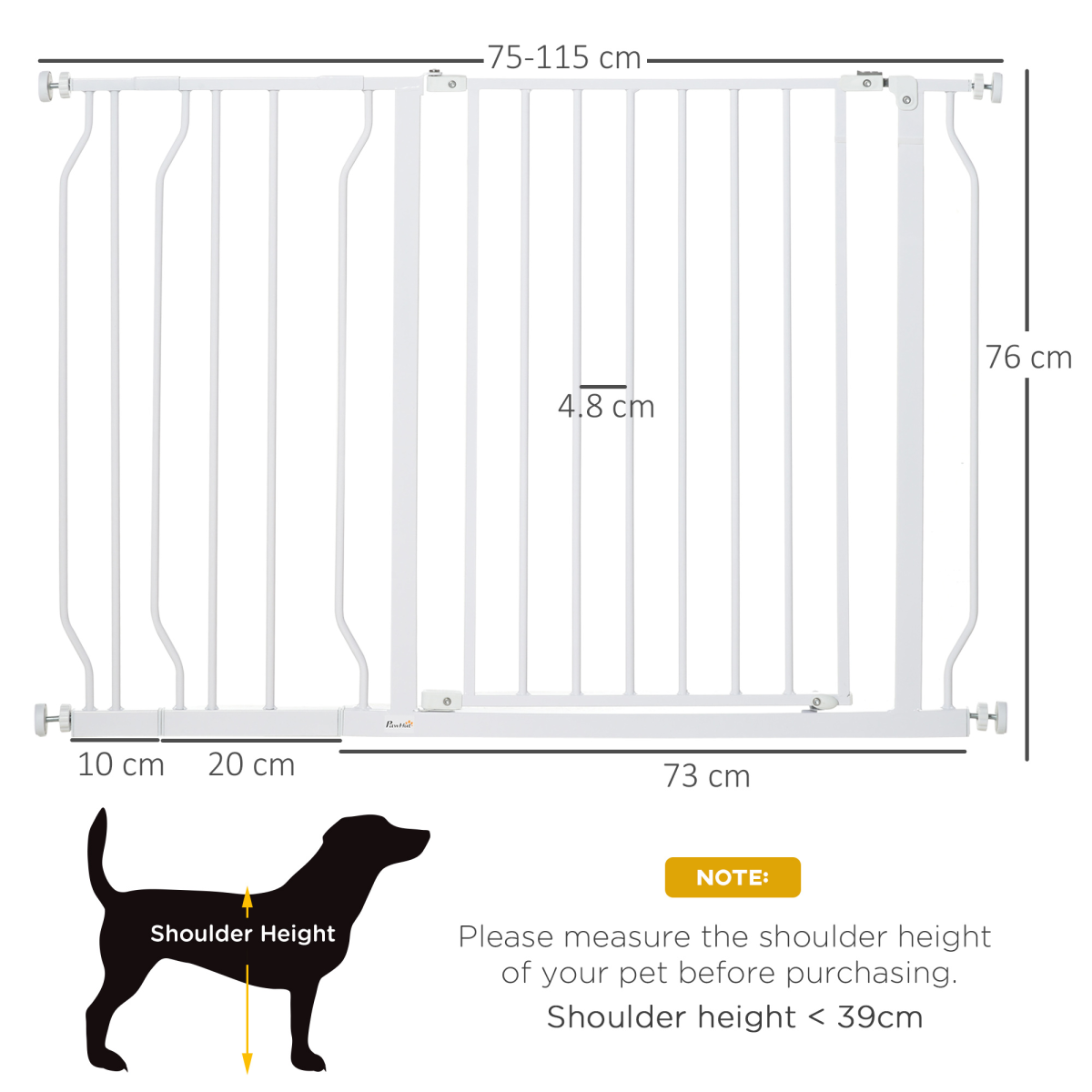 PawHut Pressure Fit Dog Gate with Door, 75-115 cm Adjustable, White