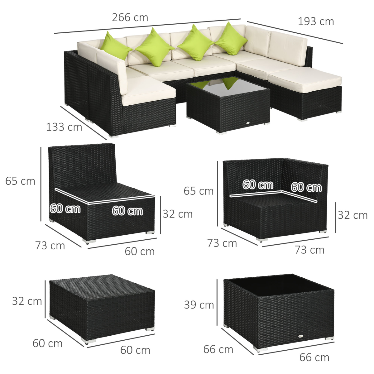 Outsunny 8 Piece Patio Rattan Sofa Set with Cushions and Coffee Table, Outdoor Garden Furniture Set