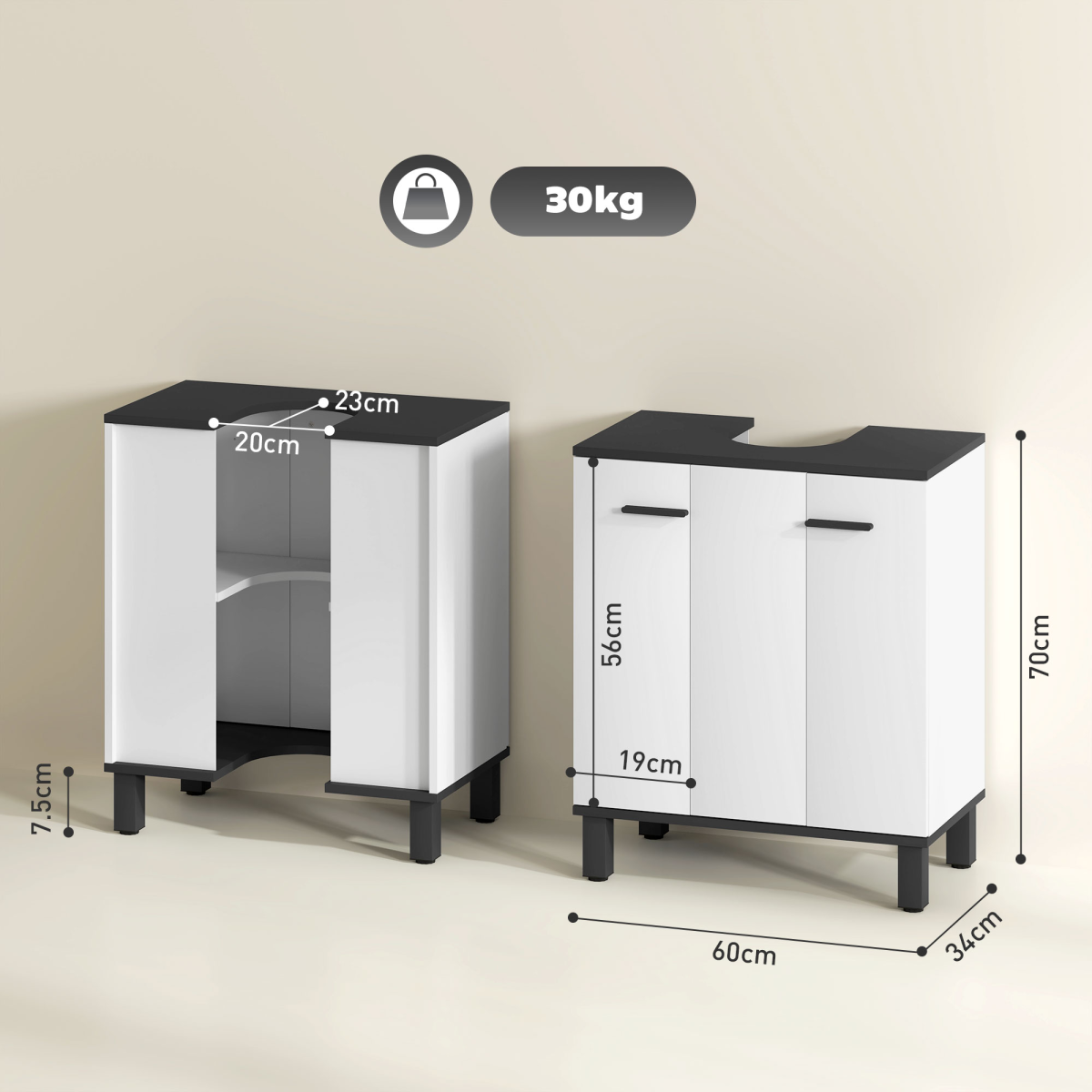 HOMCOM Bathroom Under Sink Cabinet, Adjustable Shelf, High Gloss White